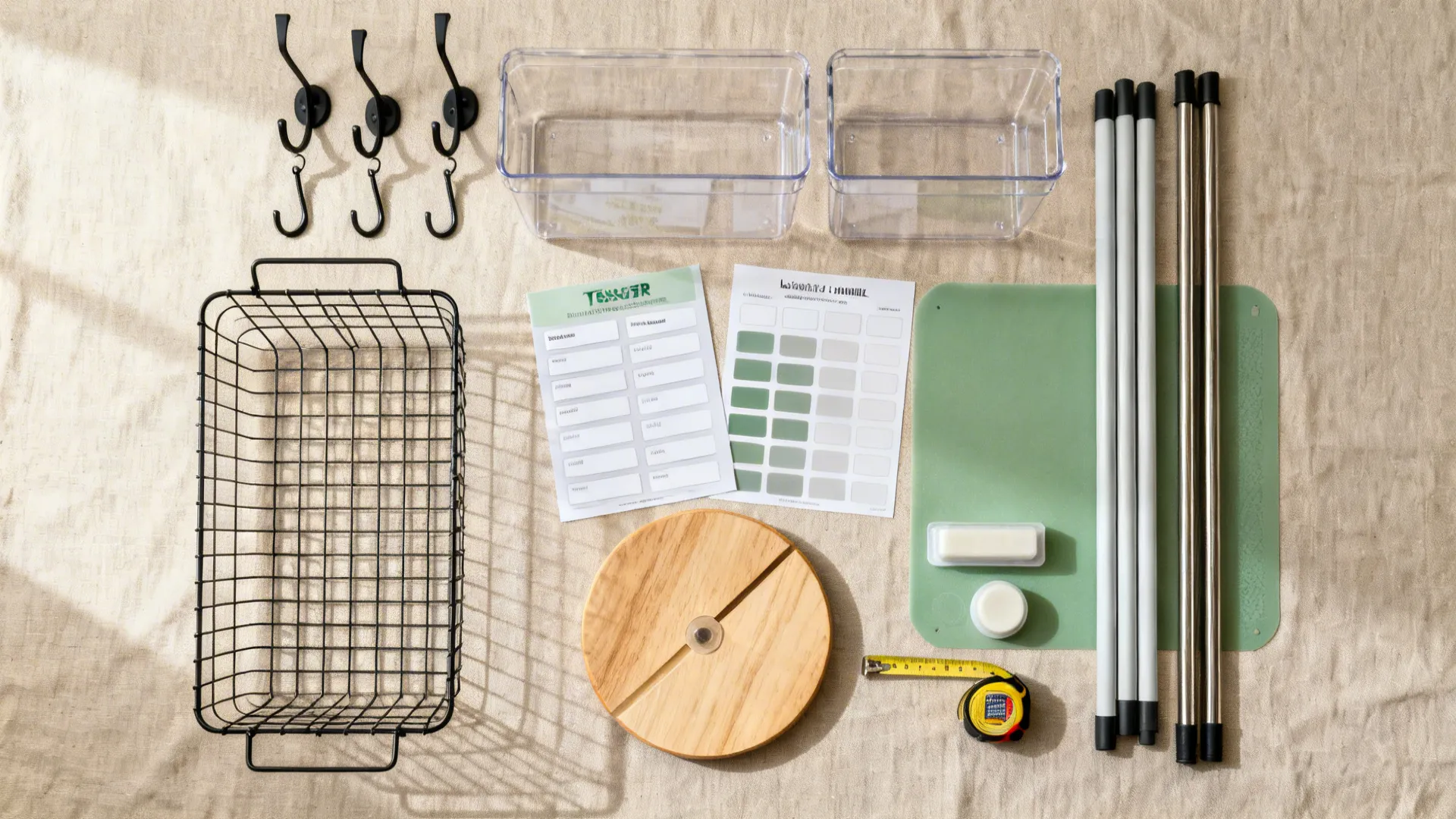 Flatlay toolkit with door hooks, wire baskets, clear bins, labels, tension rods, lazy Susan, liner, putty, and measuring tape.