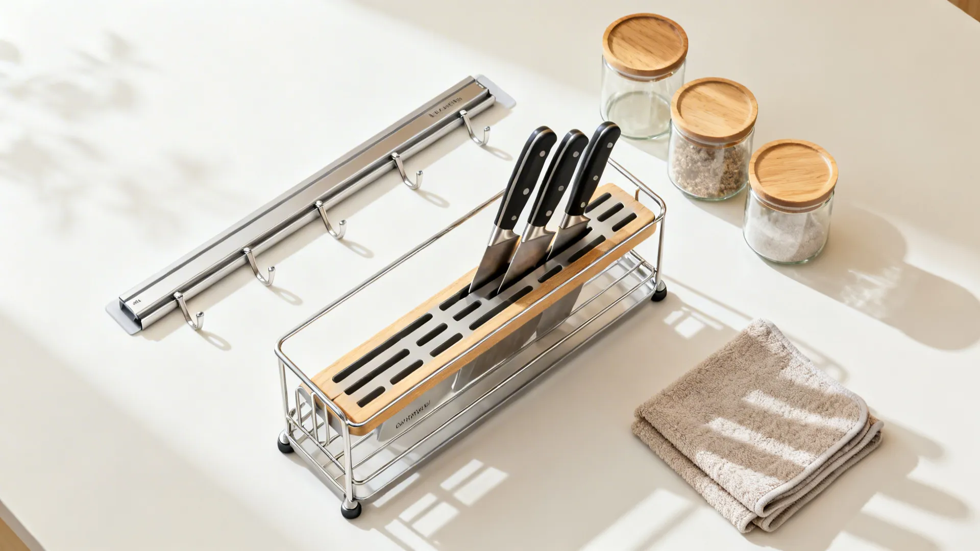 Top-down layout of removable rails, slim cart, magnetic strip, lidded jars, and a microfiber cloth for small kitchens.