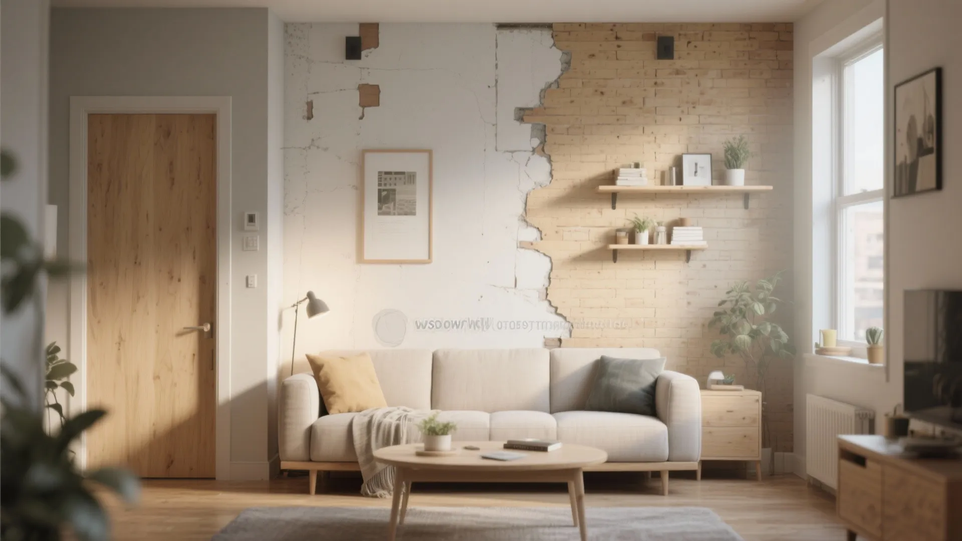 Living wall in a rental with subtle discrete repairs and tasteful decor showing thoughtful, non-destructive fixes.