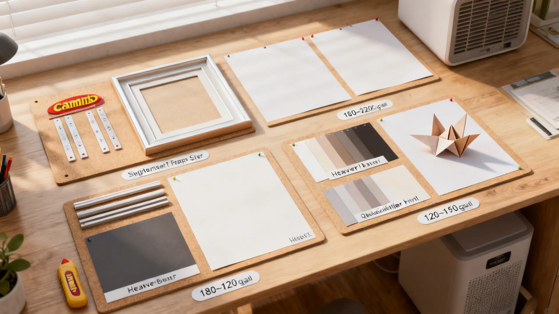 Top-down process board with command strips, frames, spacers, and paper weights for renter-safe paper decor.