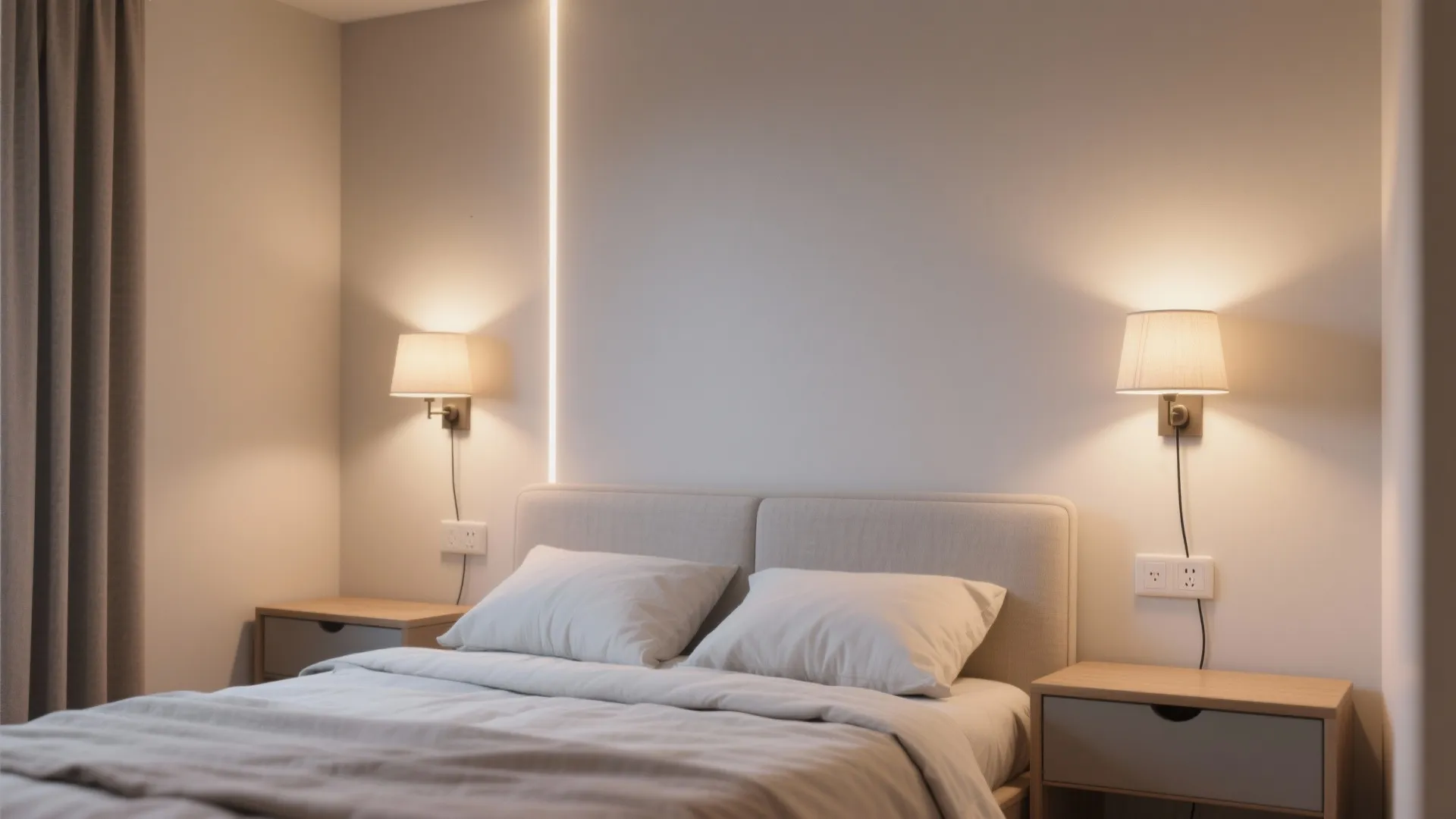 Compact bedroom with plug-in sconces at reading height and tidy cord covers, warm indirect glow.