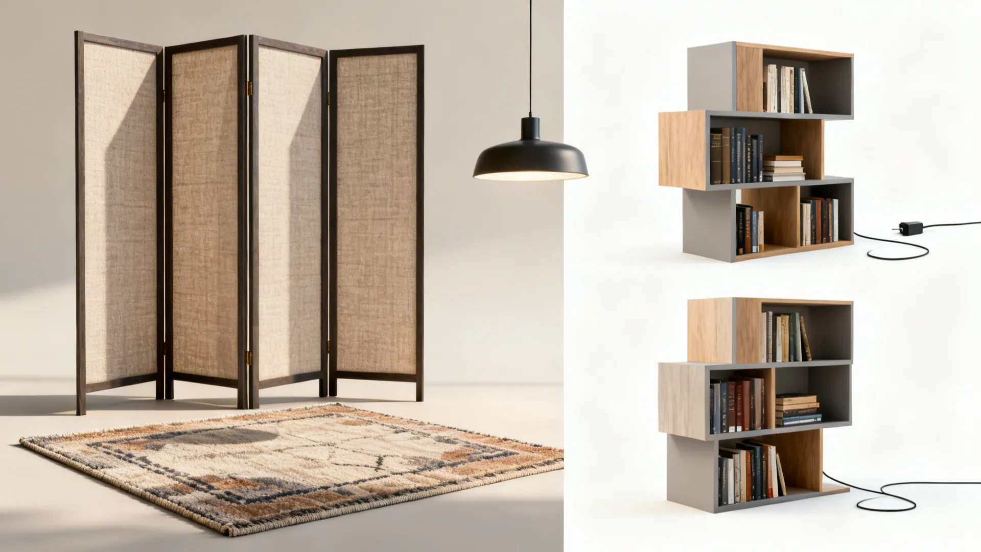 Room furniture collection featuring folding screen patterned rug black ceiling light and modern wooden book shelf