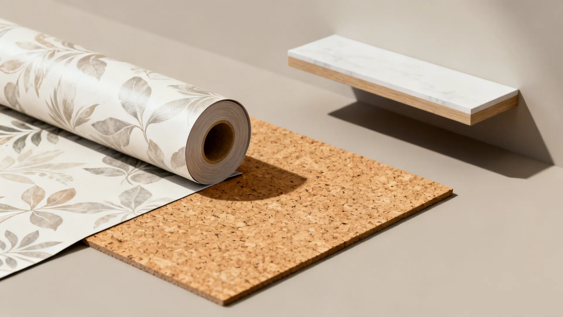 Samples of removable wallpaper, decals, cork tile, and a small floating shelf for renter-friendly walls