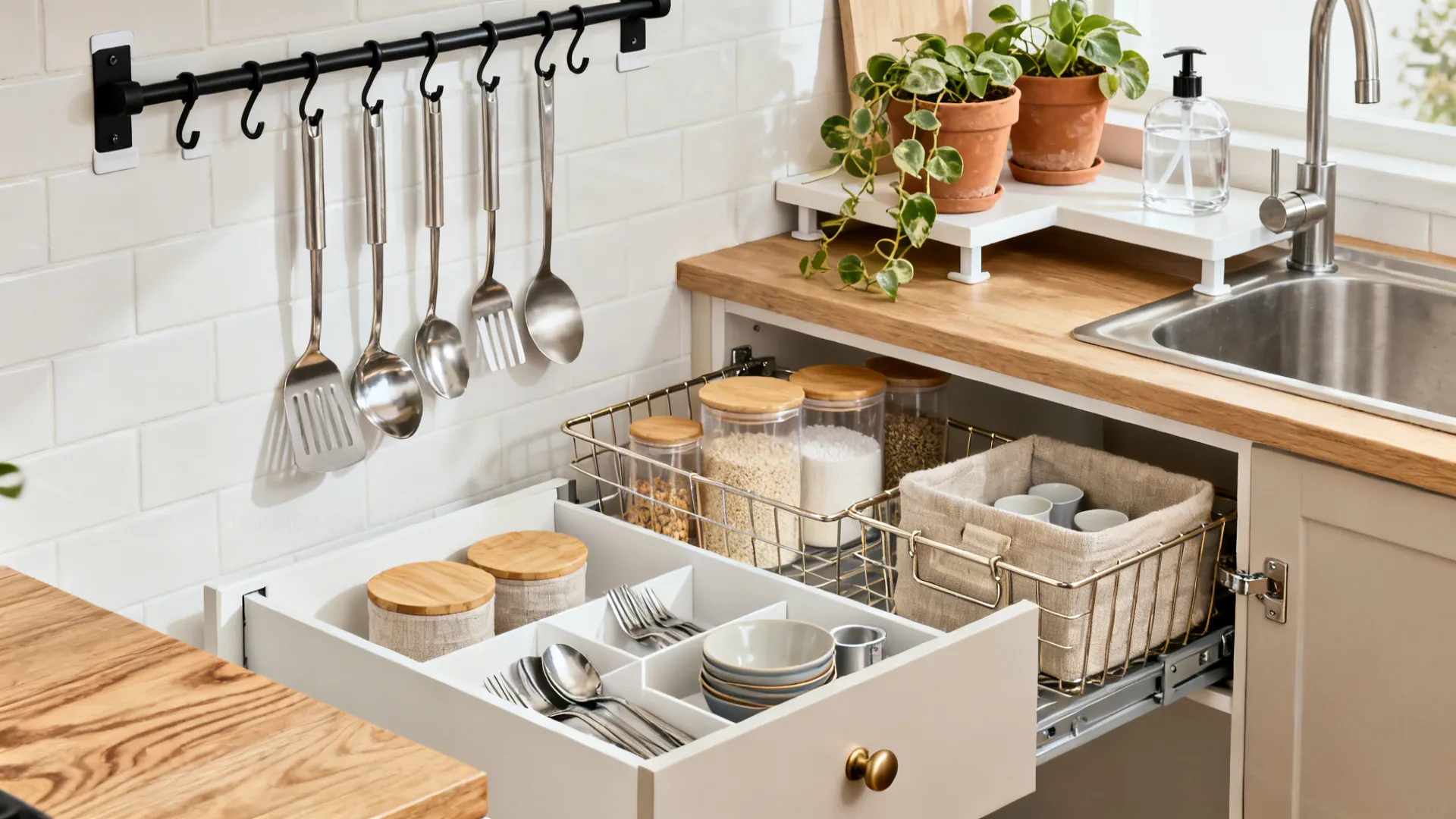 Vertical rails, over-sink shelf, and inside-cabinet pull-outs optimize renter kitchen storage.