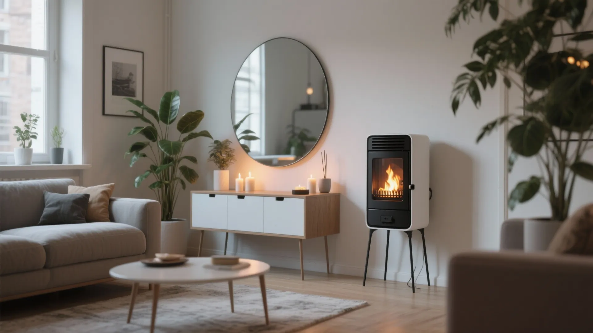 Freestanding electric stove or portable bioethanol burner styled with a low mirror, candles, and plants.