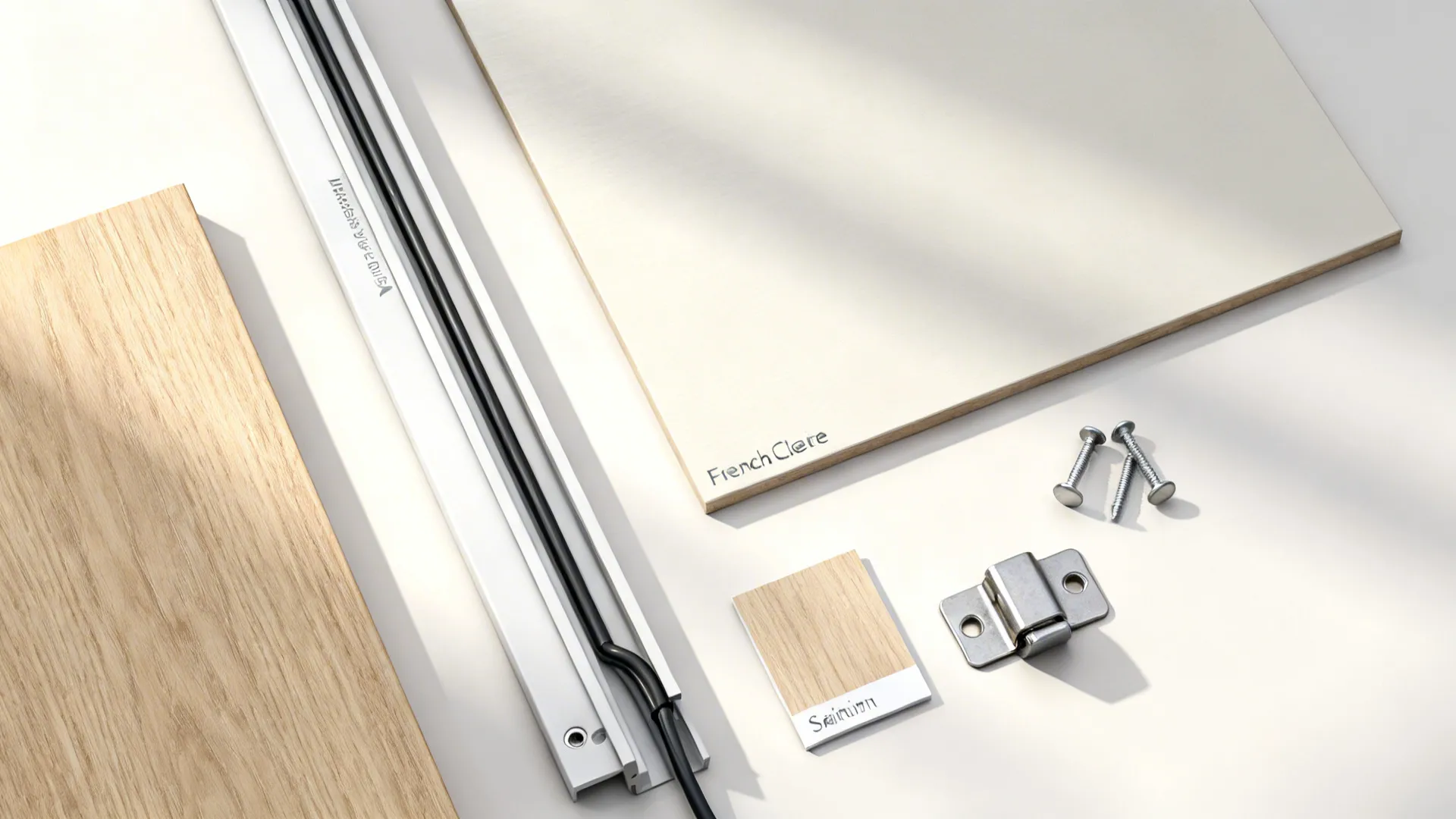 Flat lay of renter-friendly TV mounting kit with French cleat, adhesive raceways, and neutral finish samples.