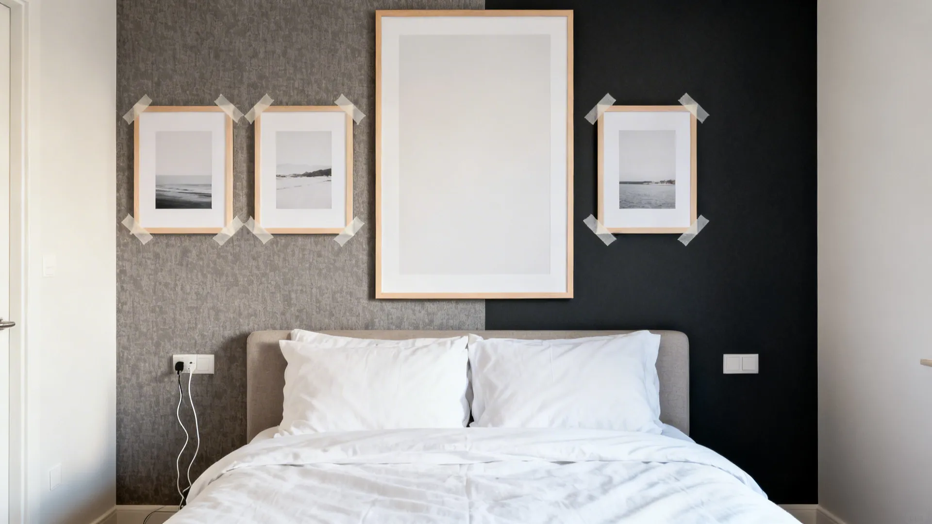 Rental bedroom with peel-and-stick wallpaper and neatly spaced washi-taped prints creating a chic focal wall.