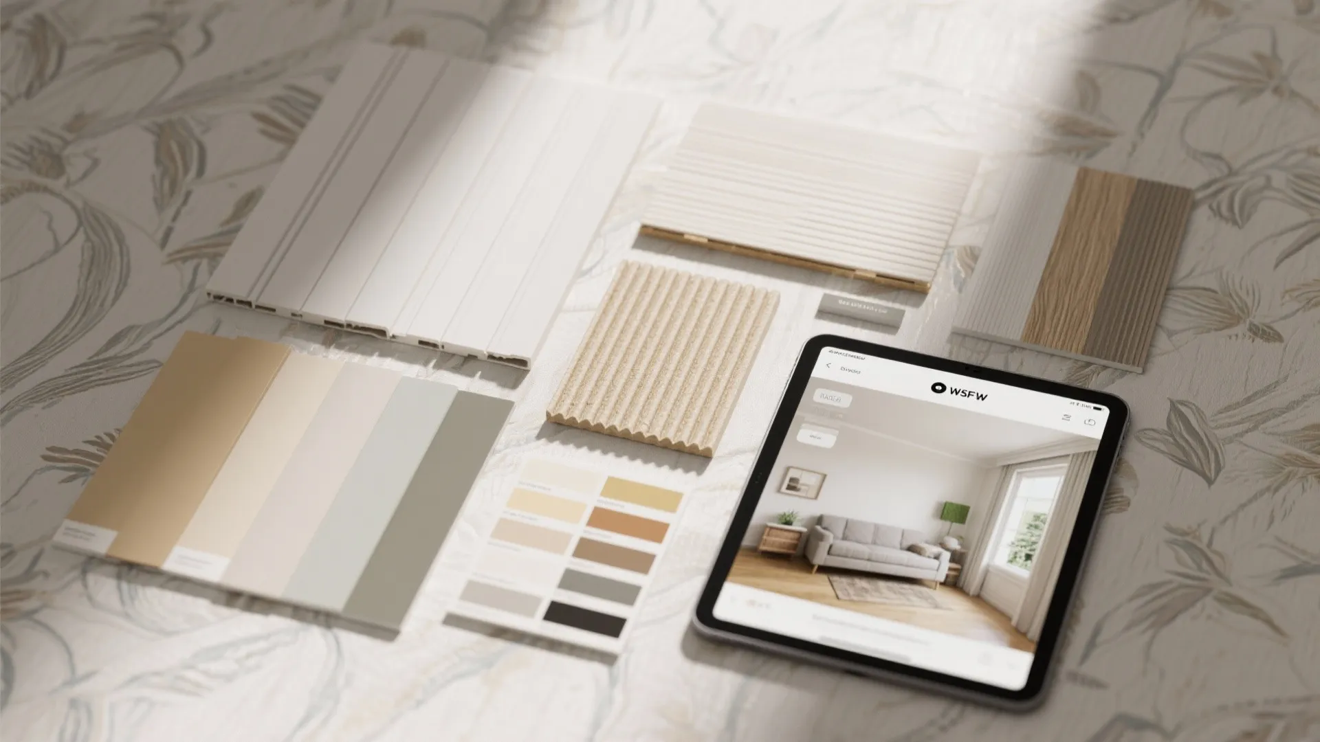 Tablet showing living room design layout next to color swatches and various wood material samples