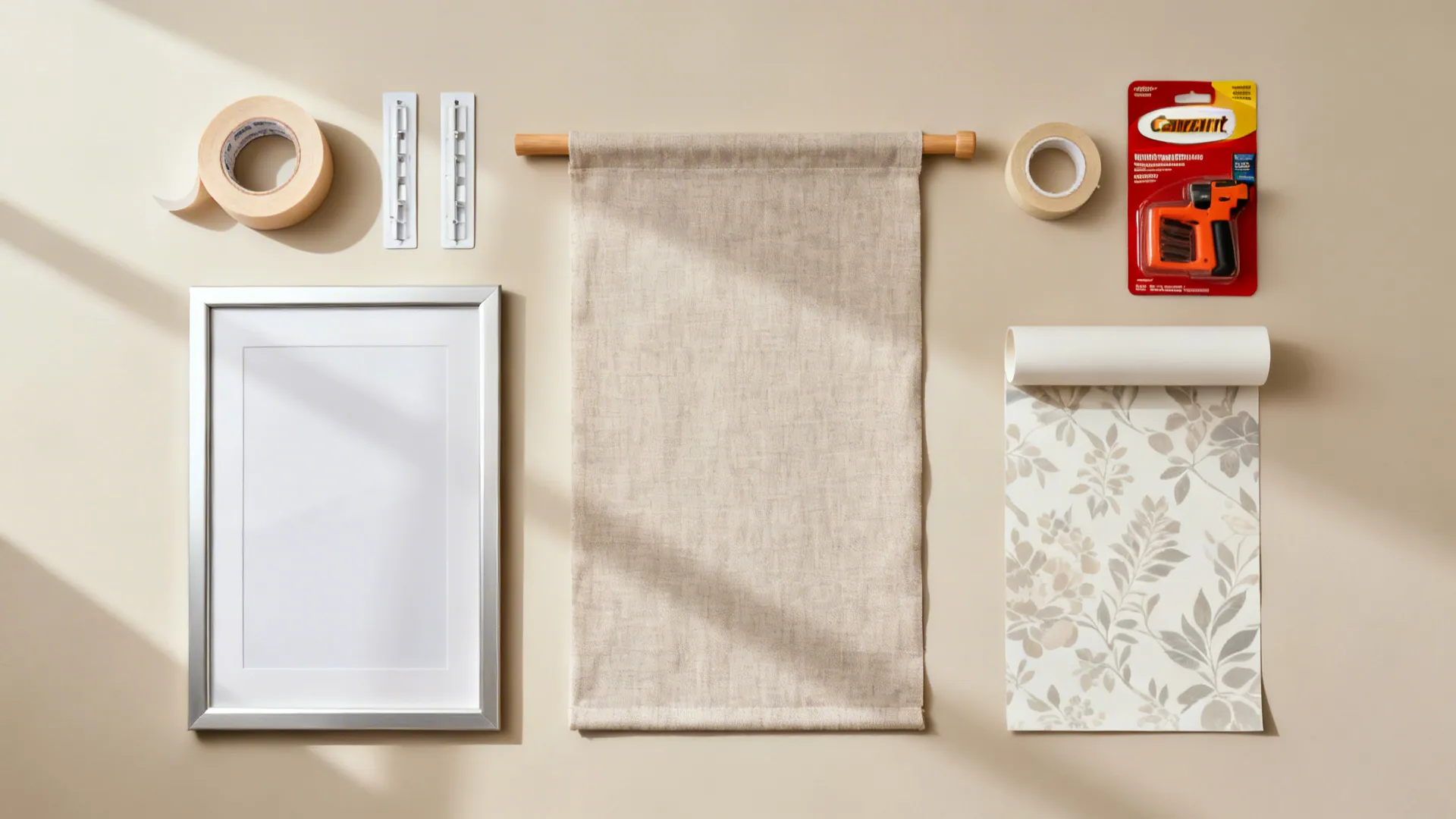 Top-down layout of renter-friendly tools like tape, Command strips, light frames, and peel-and-stick wallpaper.
