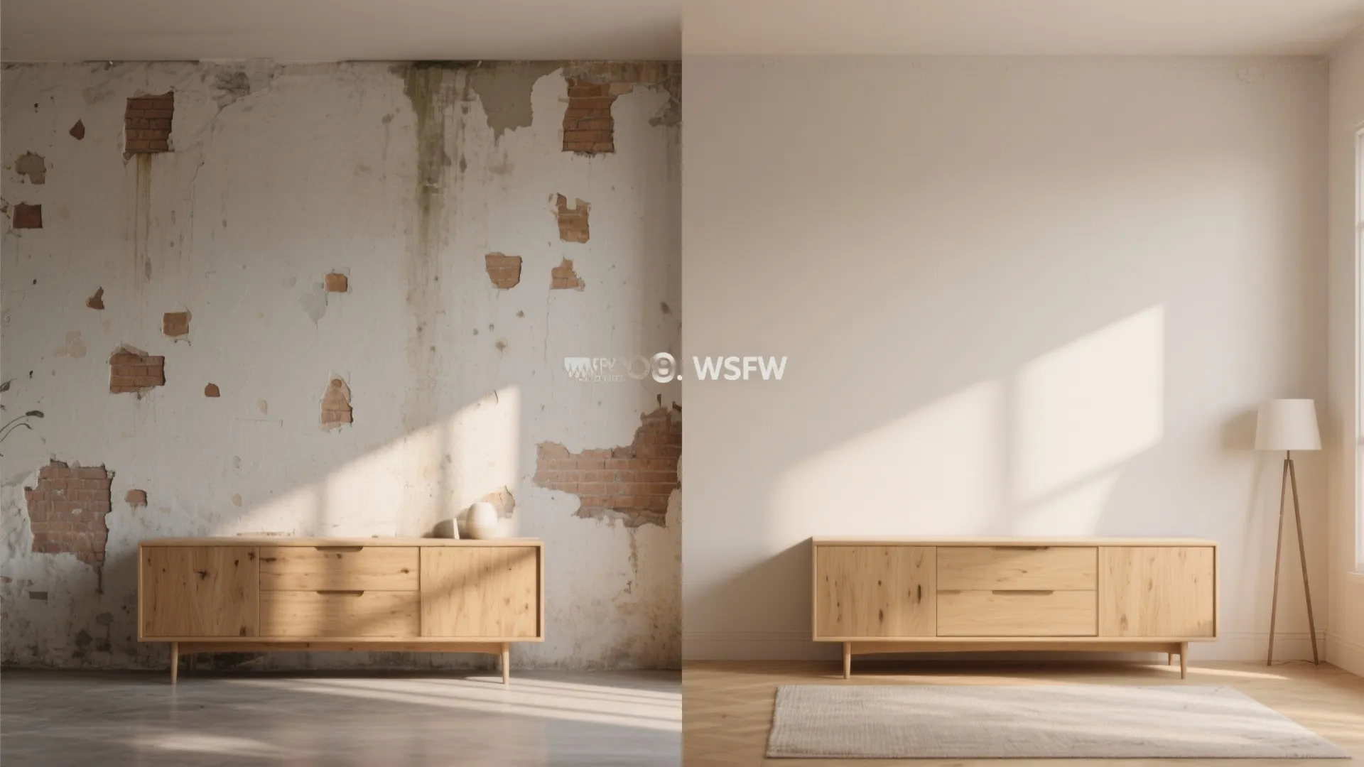 Before and after comparison of damaged brick wall transformed into clean white wall with cabinet