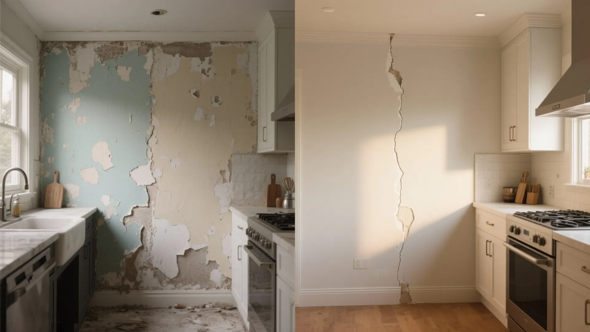 Comparison of a kitchen with peeling paint versus a white wall with a large crack