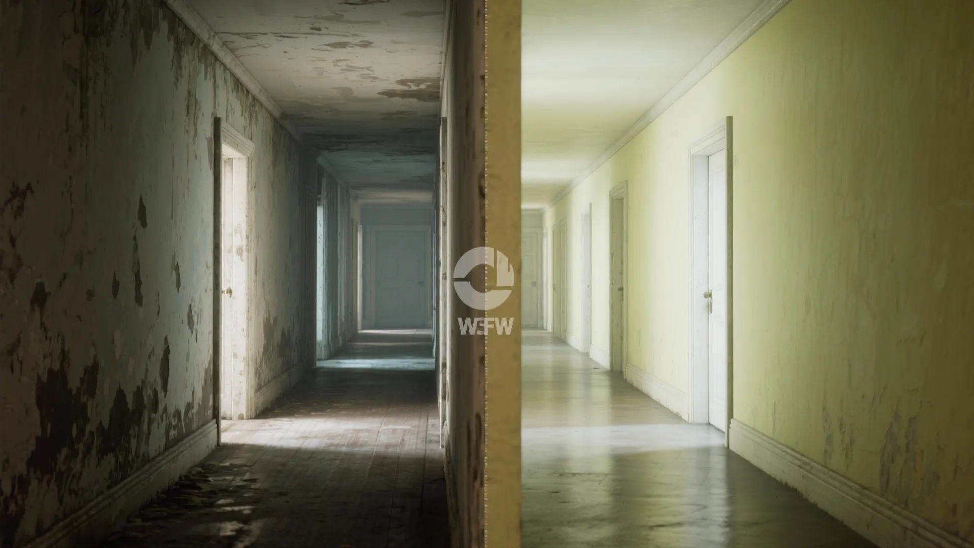 Before and after comparison of a dirty old hallway versus a clean bright yellow hallway