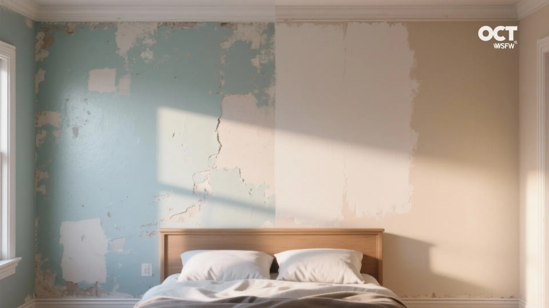 Before and after comparison of a damaged blue bedroom wall being repainted with beige paint