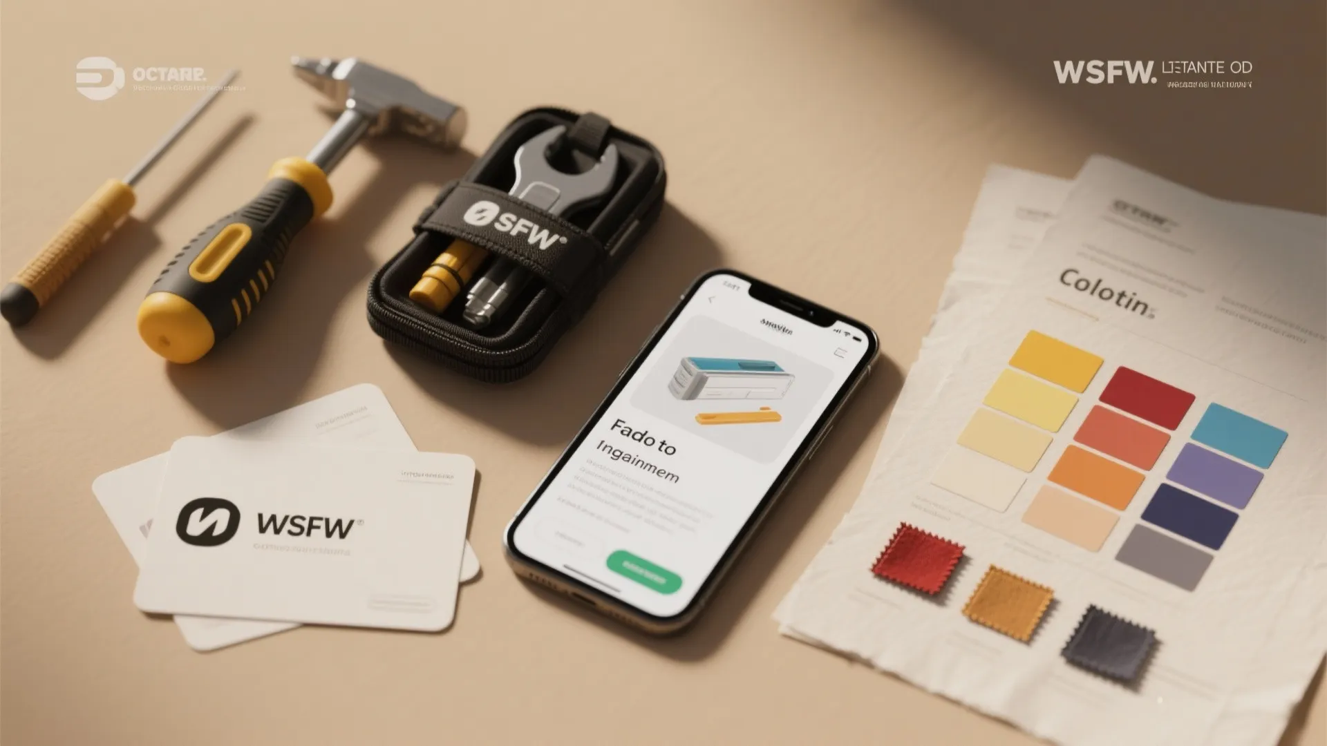 Flatlay of a repair kit, printed FAQ cards and a phone showing step-by-step patching guidance.
