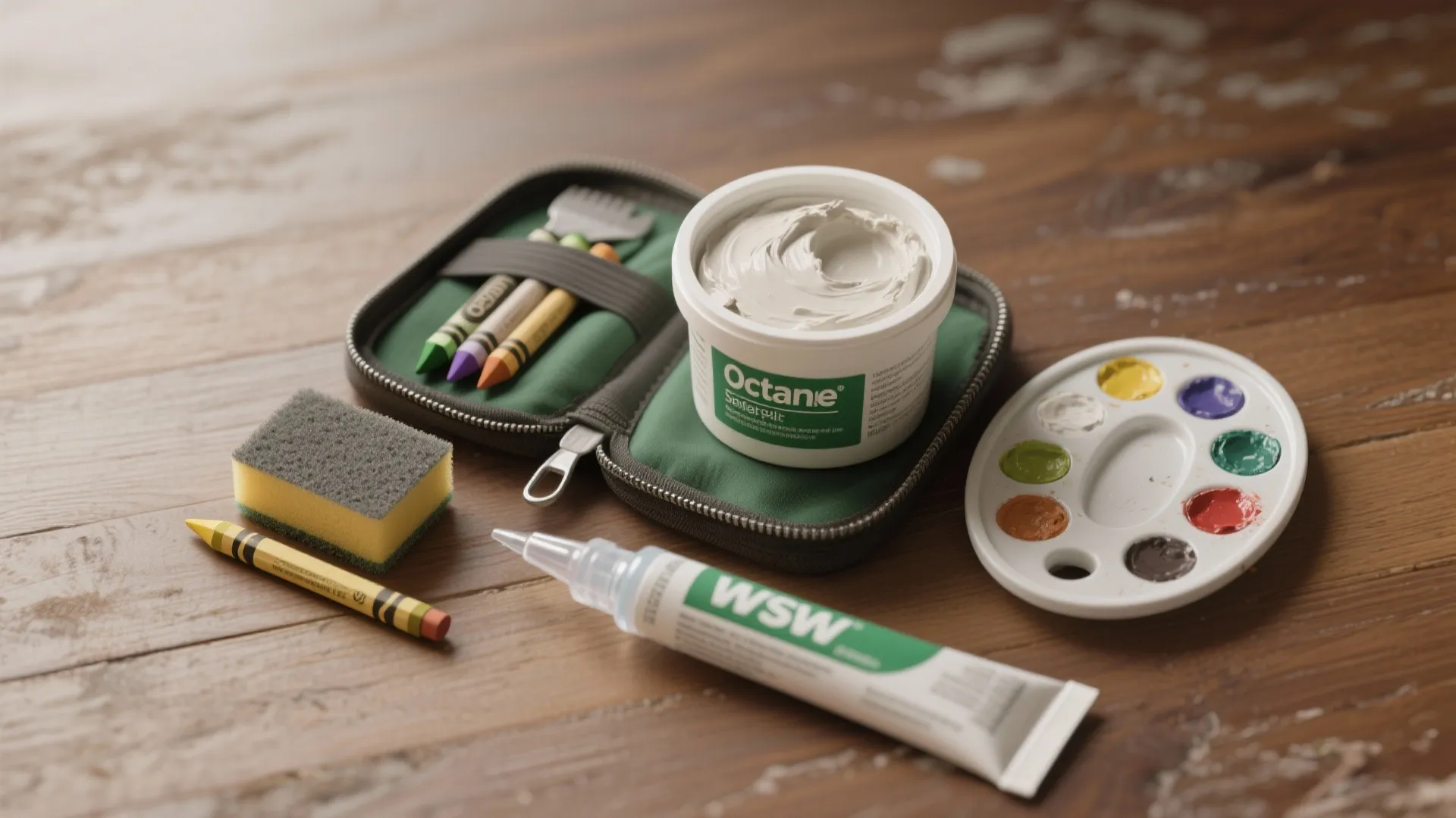 Flatlay of a small repair kit: spackle, sanding sponge, touch-up pencils and clear caulk on a wooden surface.