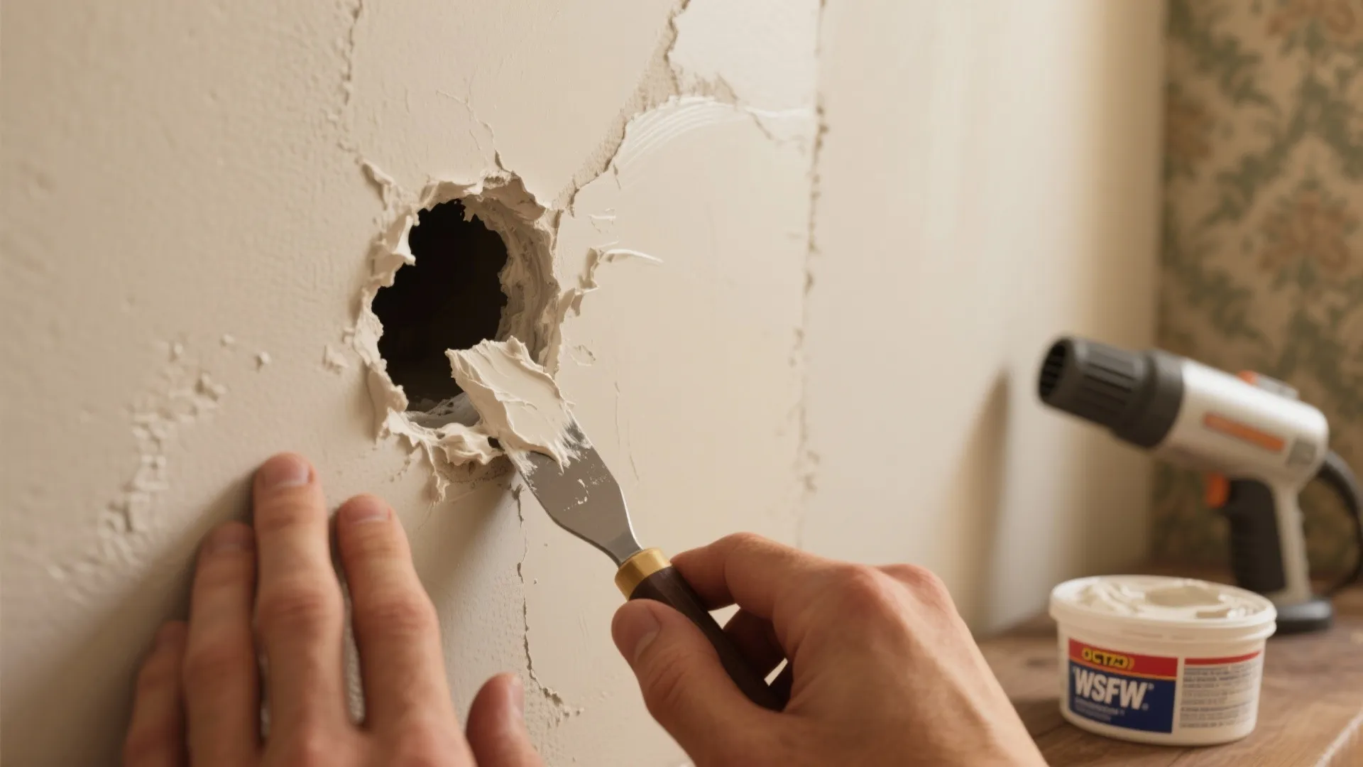 2. Repair cracks, holes, and old wallpaper residues