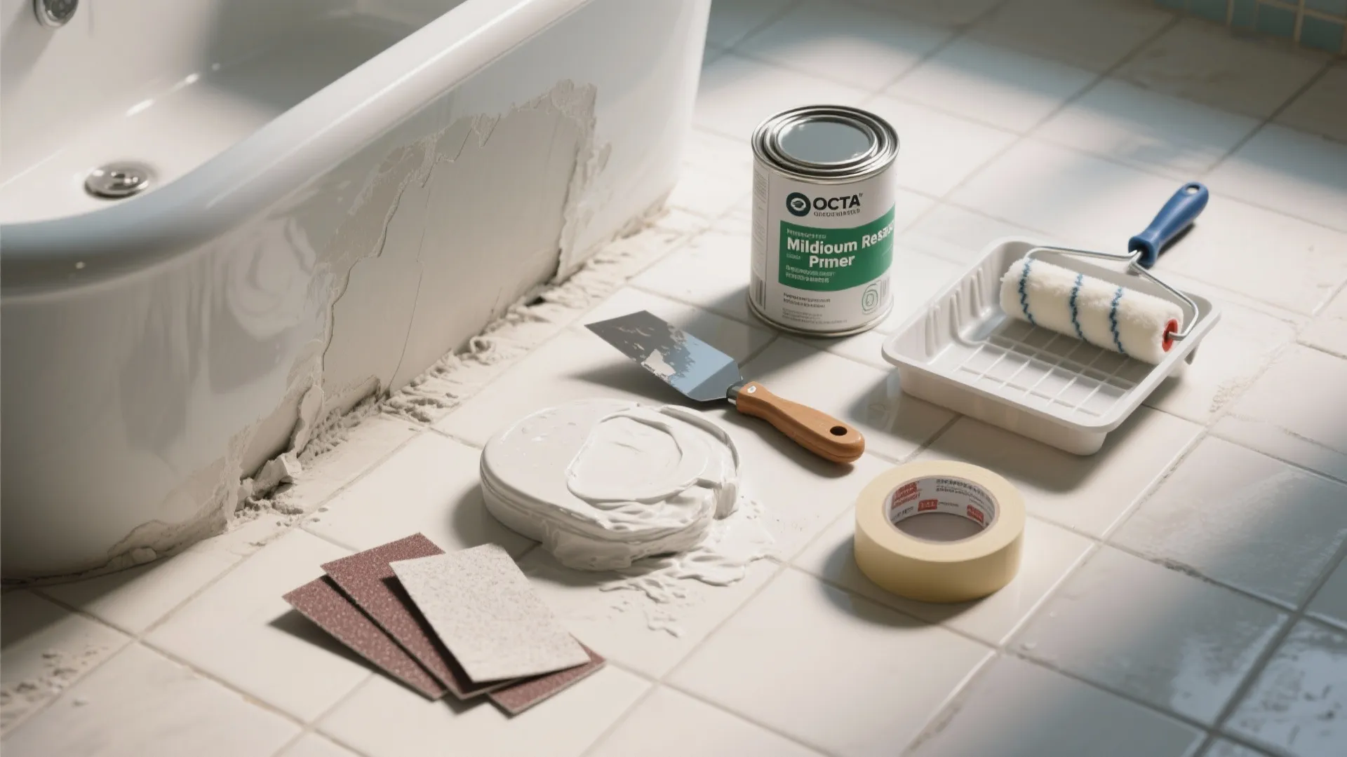 Bathroom repair tools with white paint can and roller on floor next to white bathtub