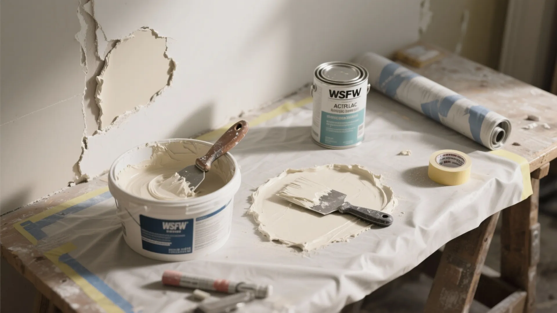 Home wall repair tools including paint bucket scraper and tape placed on a white work table