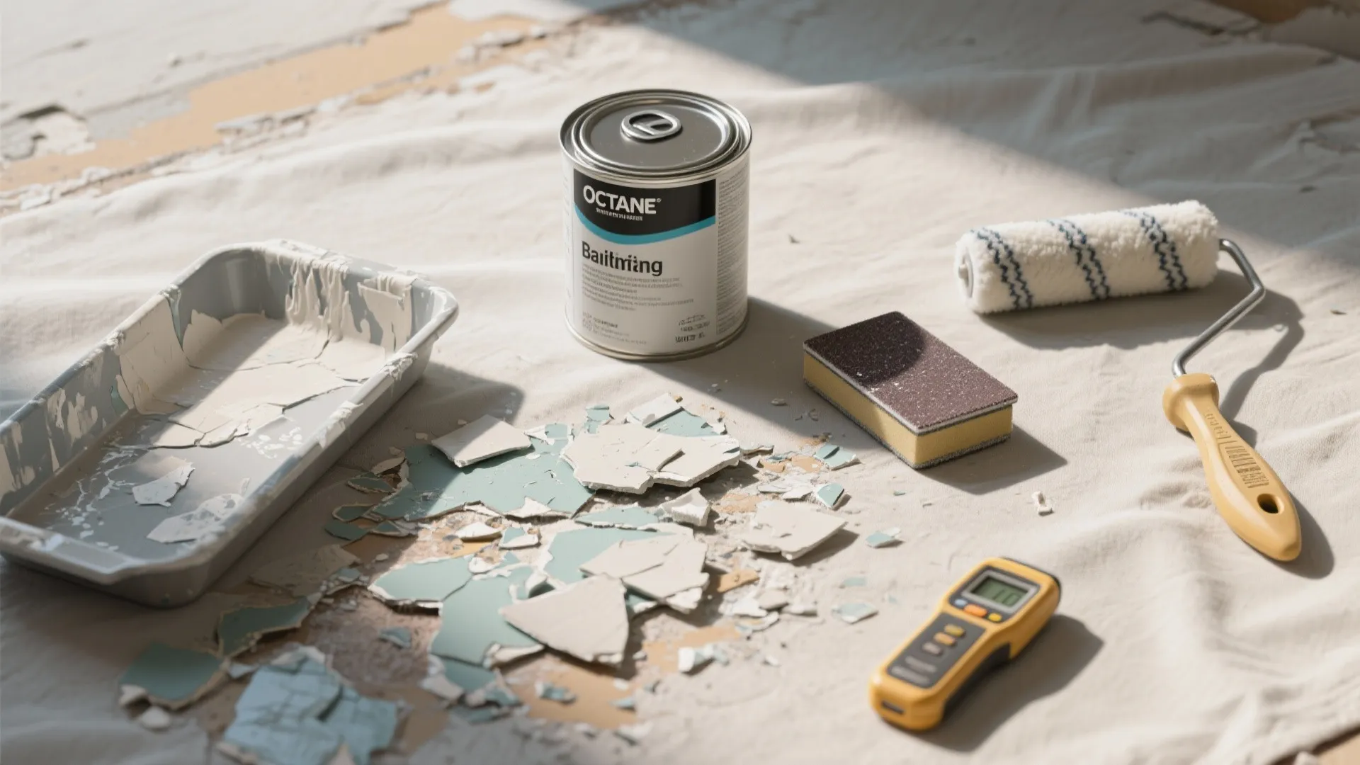 Various house painting tools and repair supplies placed on a light colored cloth for interior renovation