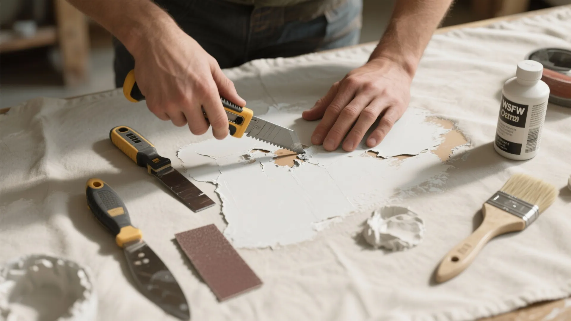 A person using a utility knife to scrape peeling white paint from a tabletop surface