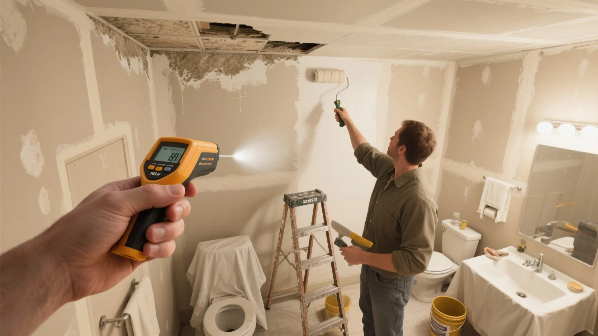 Man repairing bathroom wall using paint roller while another person uses a digital temperature tool