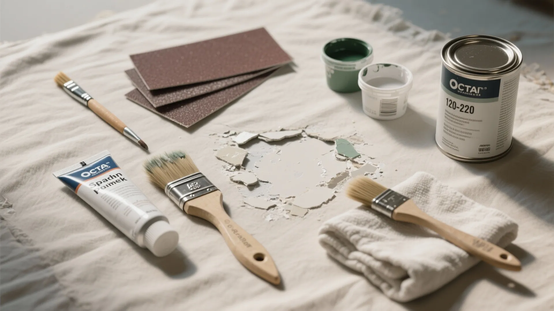 Selection of wall repair supplies with brushes sandpaper paint can and tube on white cloth