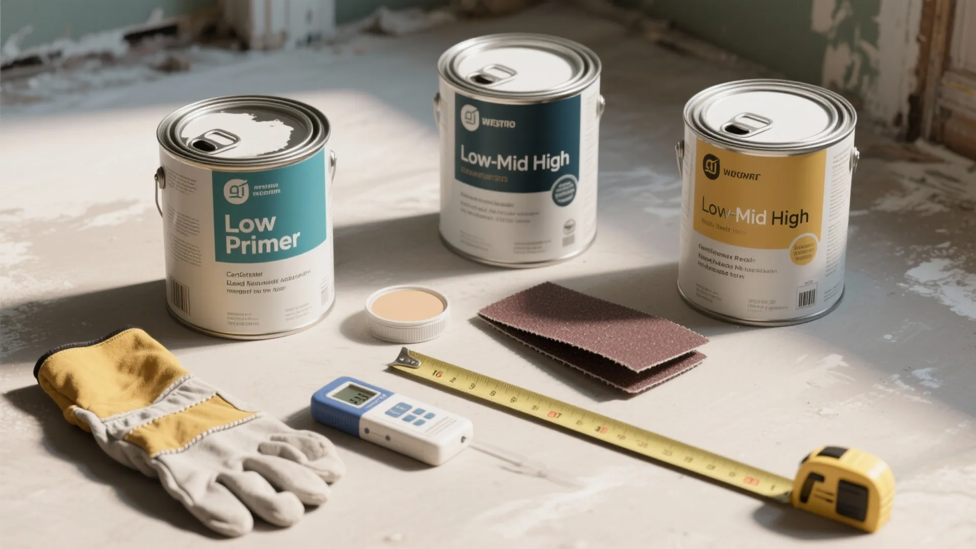 Home repair tools including paint cans sandpaper gloves and measuring tape on a grey floor