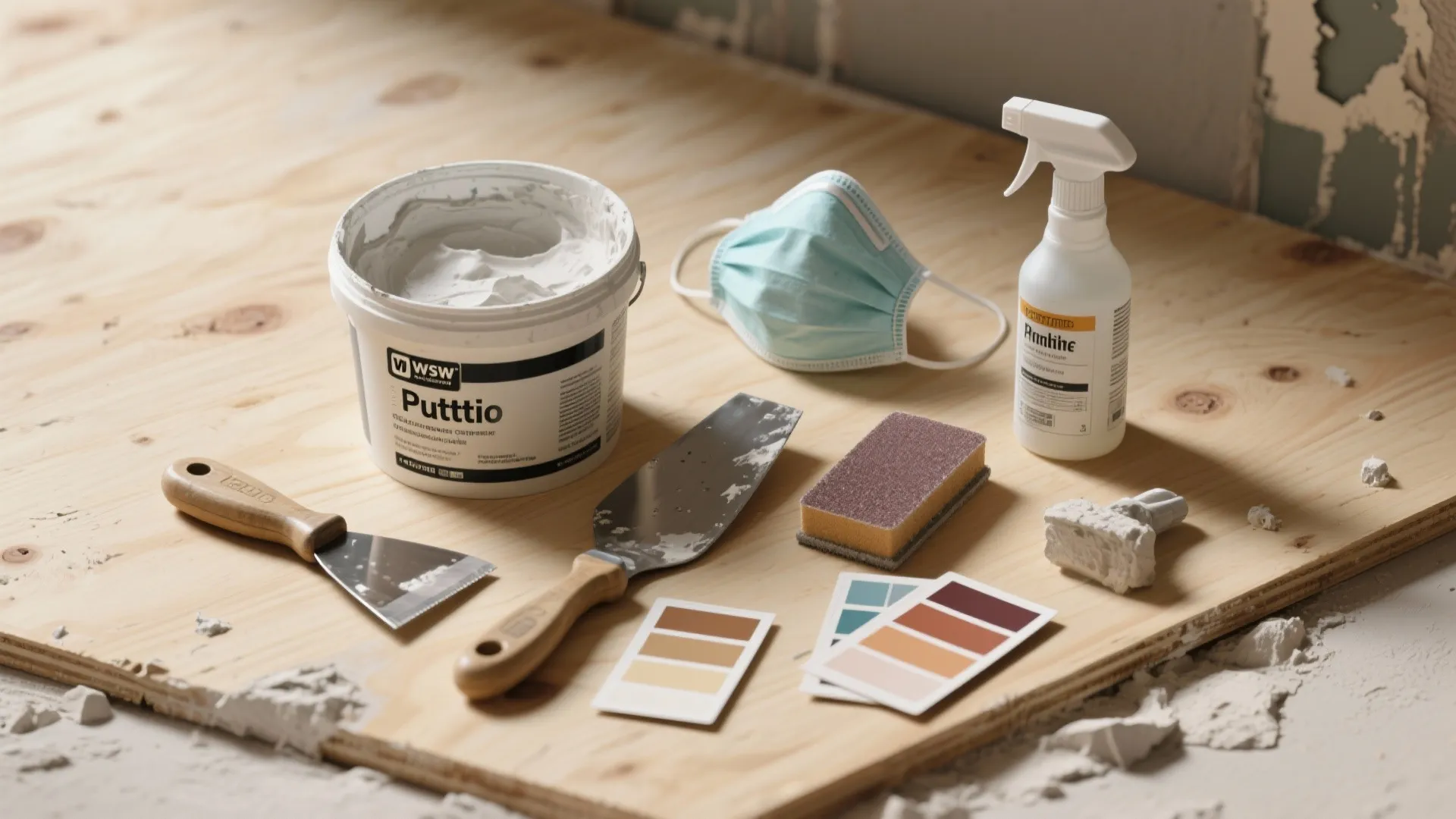 Room repair tools on wood including putty bucket face mask spray bottle and two scrapers