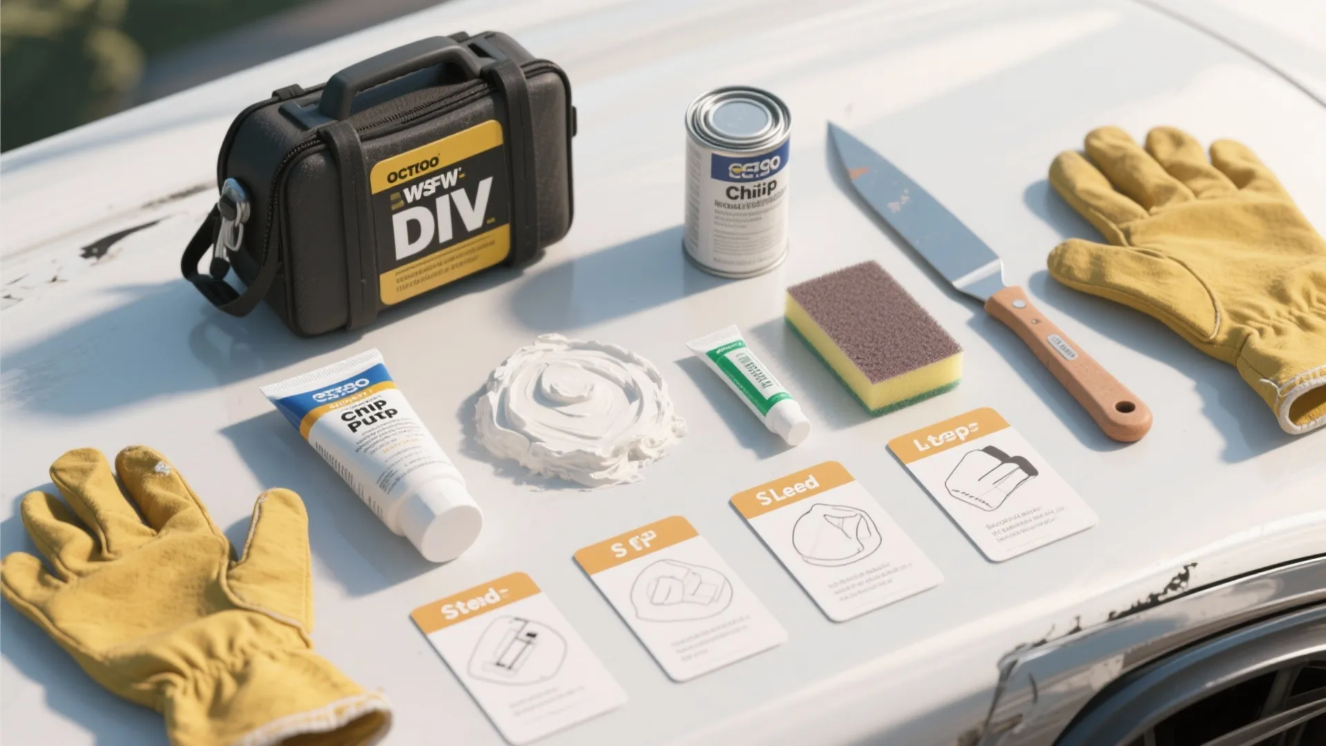 DIY repair kit with yellow gloves, white putty, metal tools, sponge, and a black bag