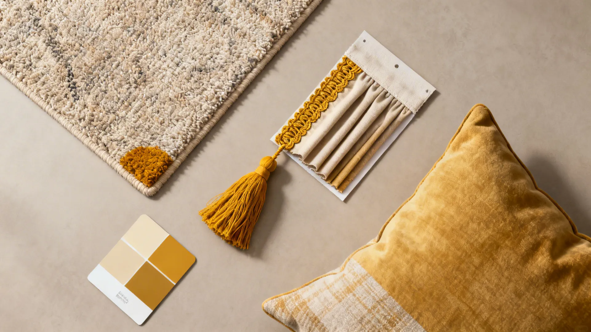 Flatlay of rug accent color repeated in curtain trim and a coordinating cushion fabric.