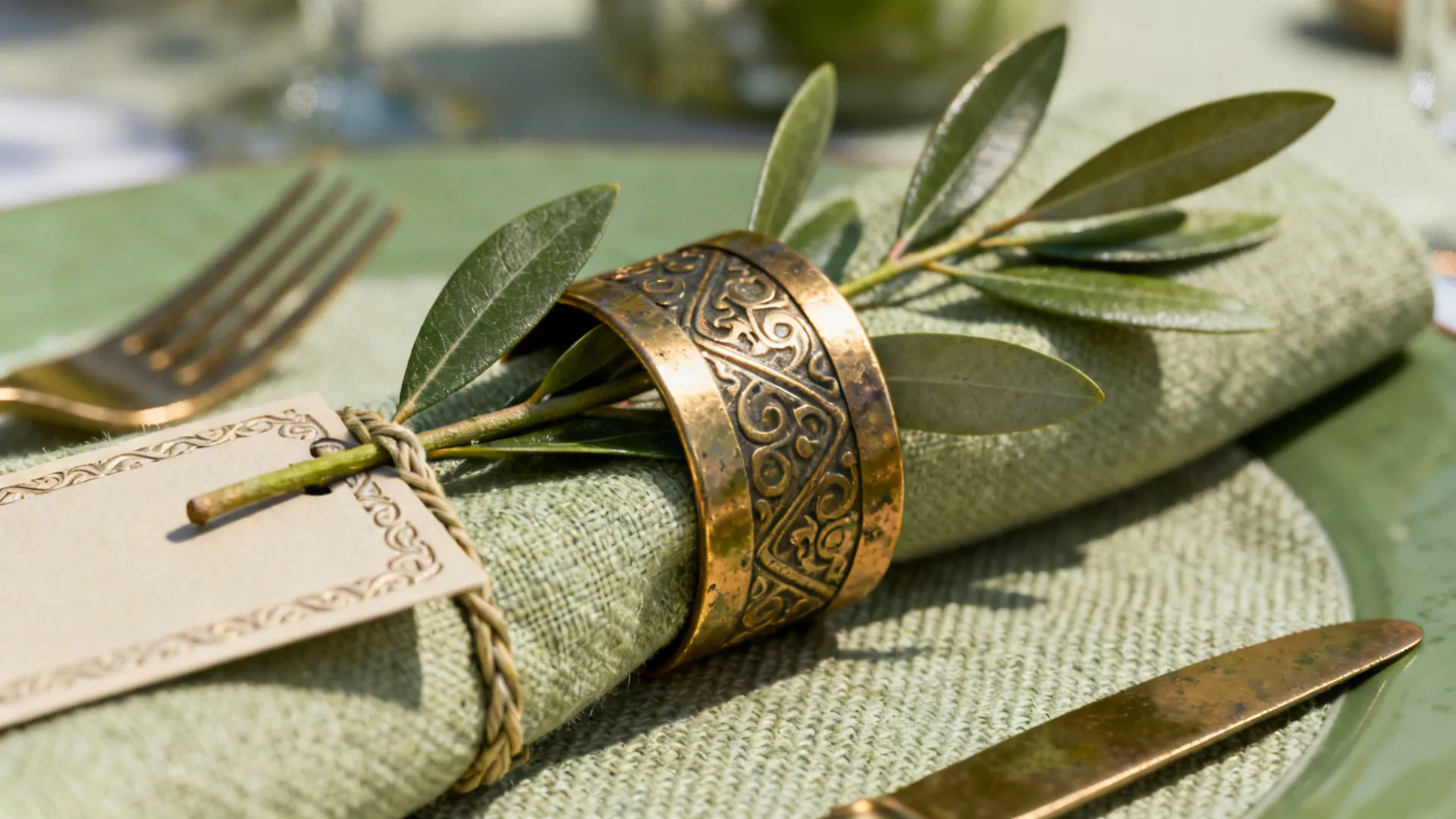 Close up of a green fabric napkin with a gold ring, olive branch, and card