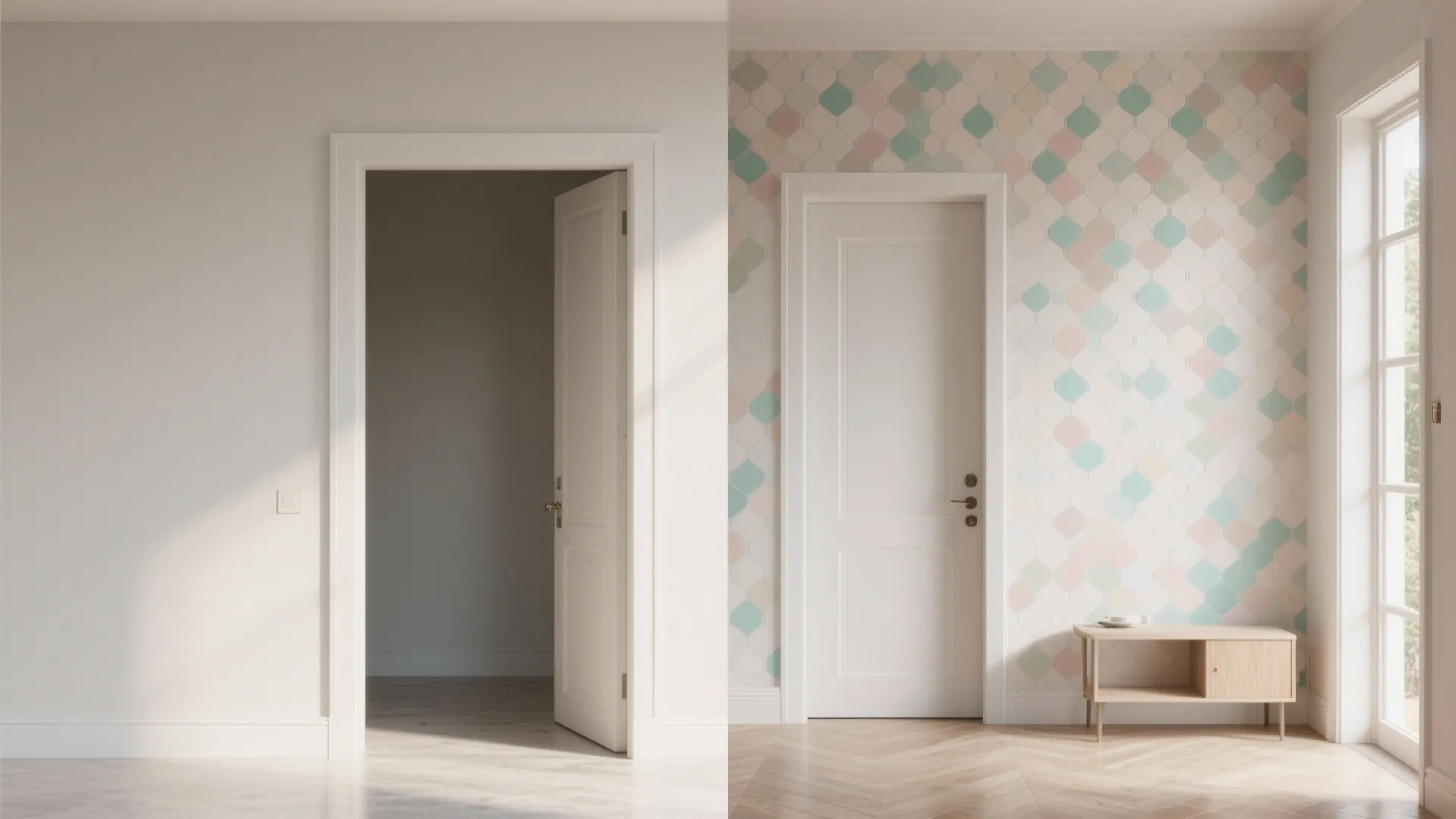 Before and after comparison of plain white wall versus colorful geometric pattern wallpaper with cabinet