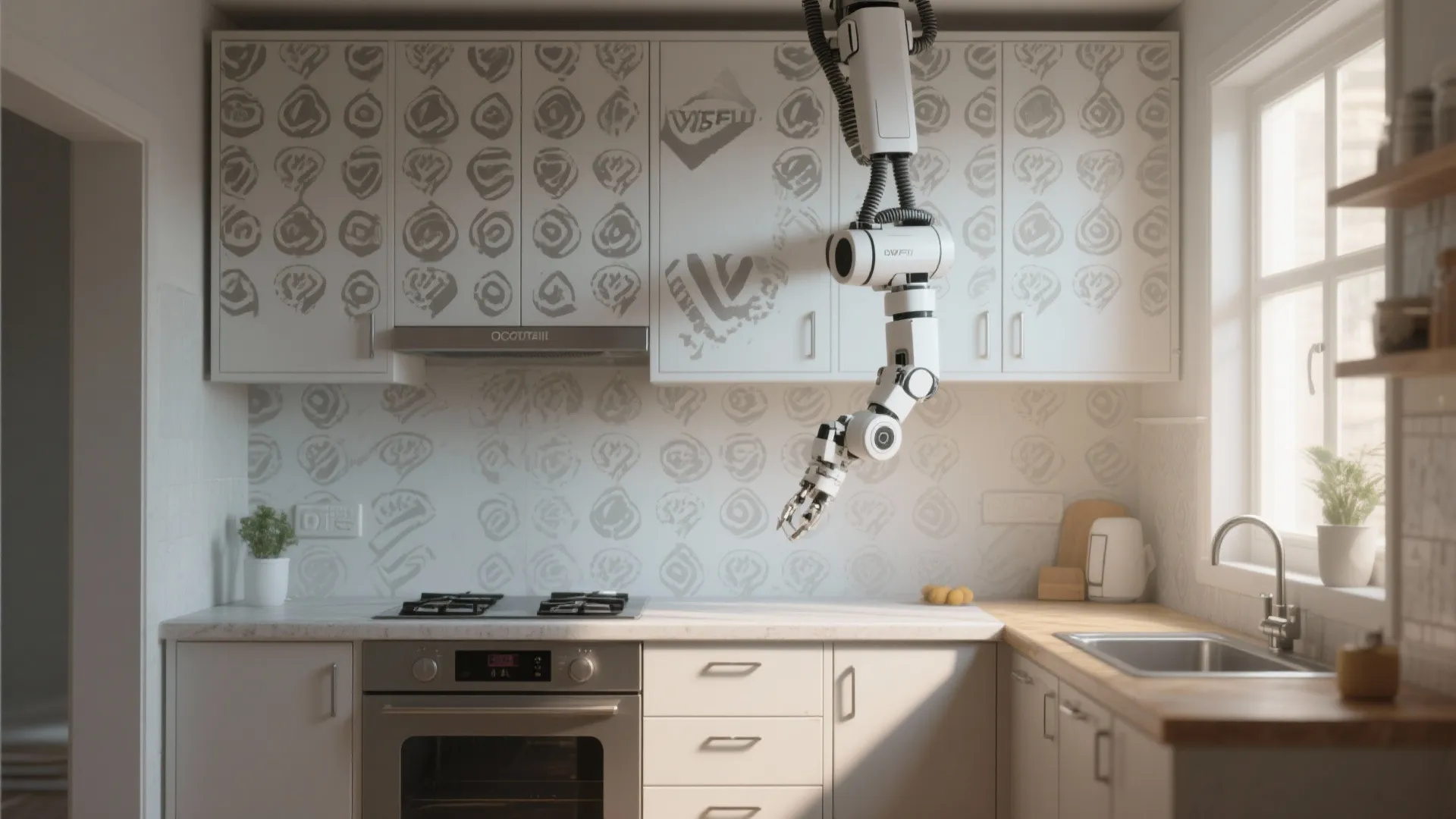 Kitchen scene showing a painting robot applying a repeating stencil motif above cabinets, clean and washable finish under daylight.