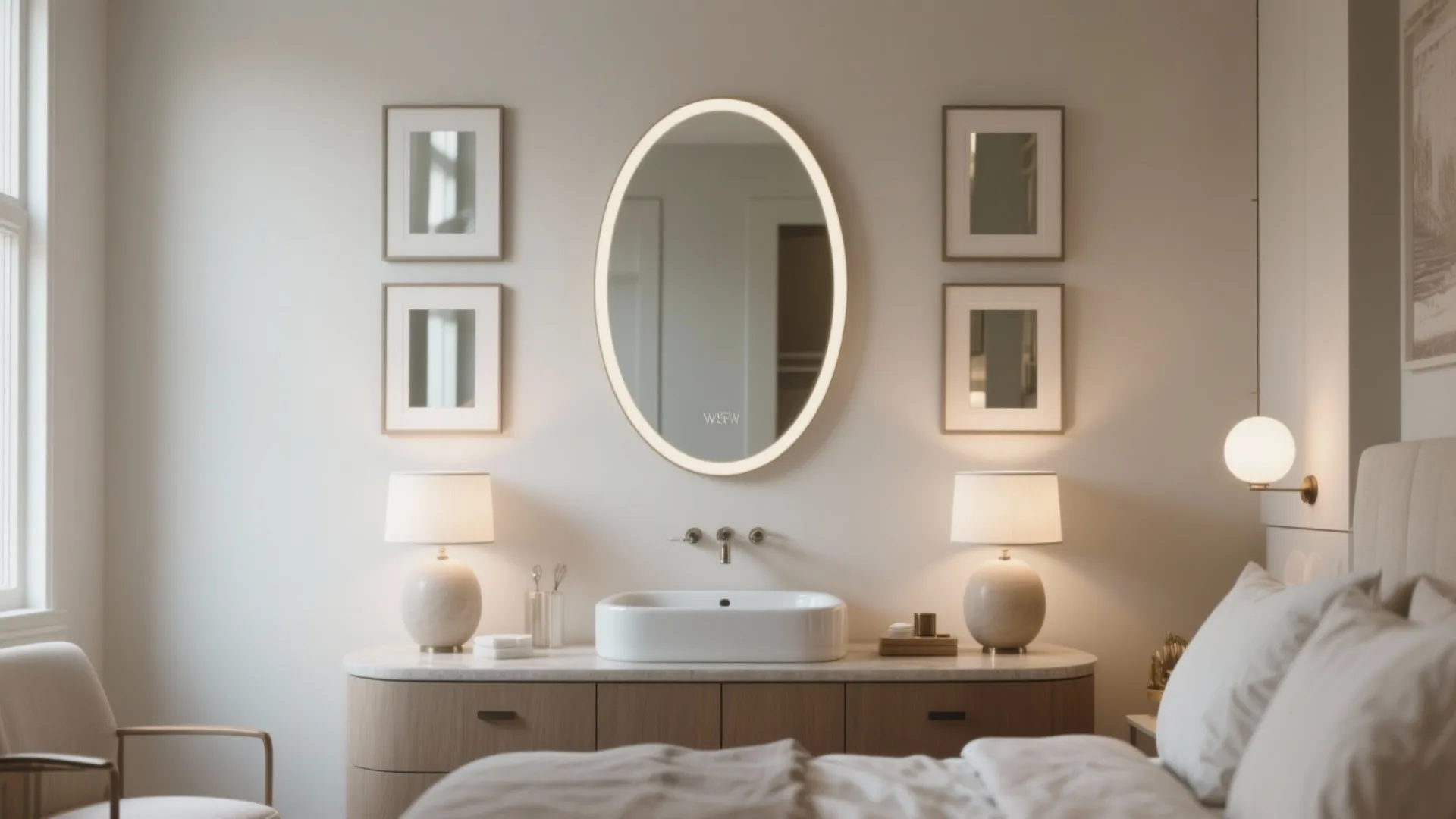 Oval mirror with light above white sink and wooden cabinet with four square wall frames