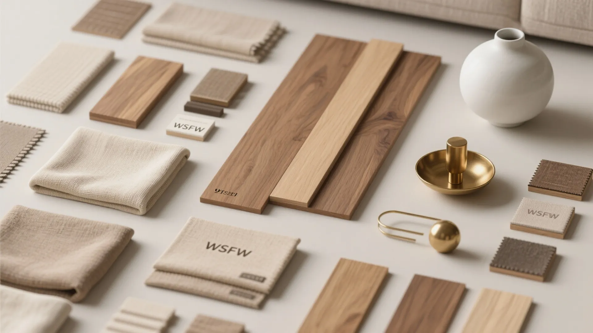 Interior design material board with wood planks fabric swatches white vase and gold decor items