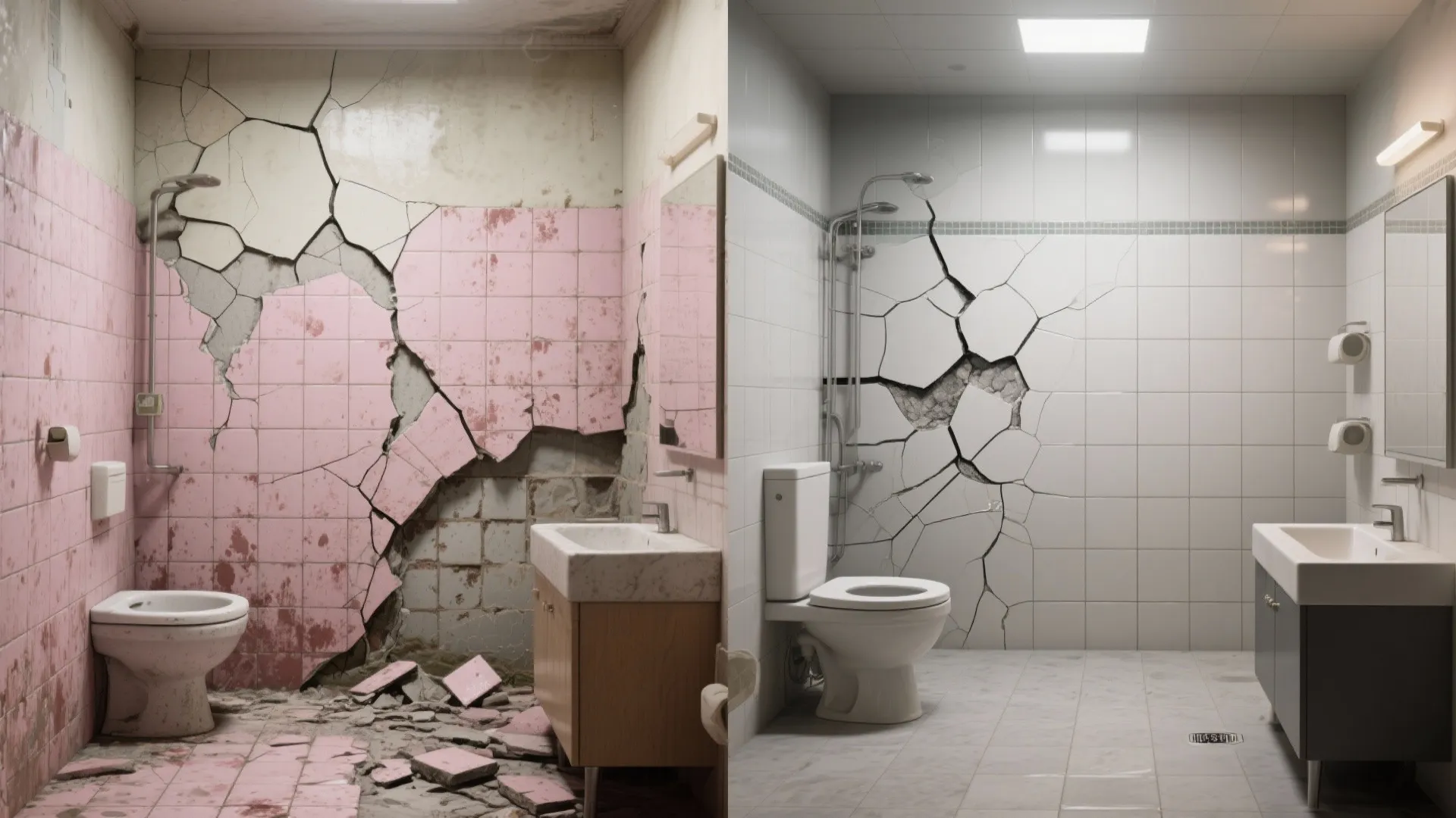 Before-and-after of a bathroom: cracked pink tiles vs. new modern neutral tiles after re-tiling.