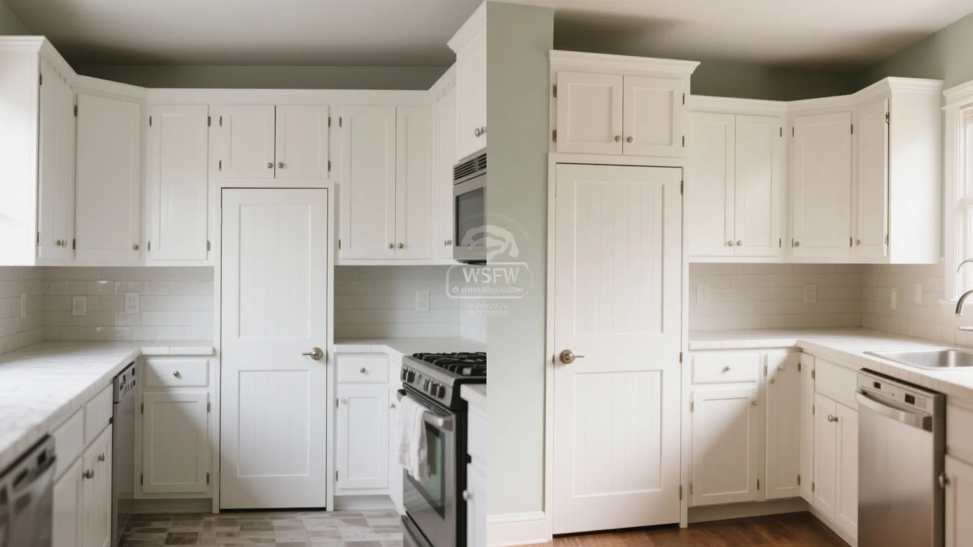 Before and after comparison of kitchen cabinet door replacement showing original and updated white cabinet designs