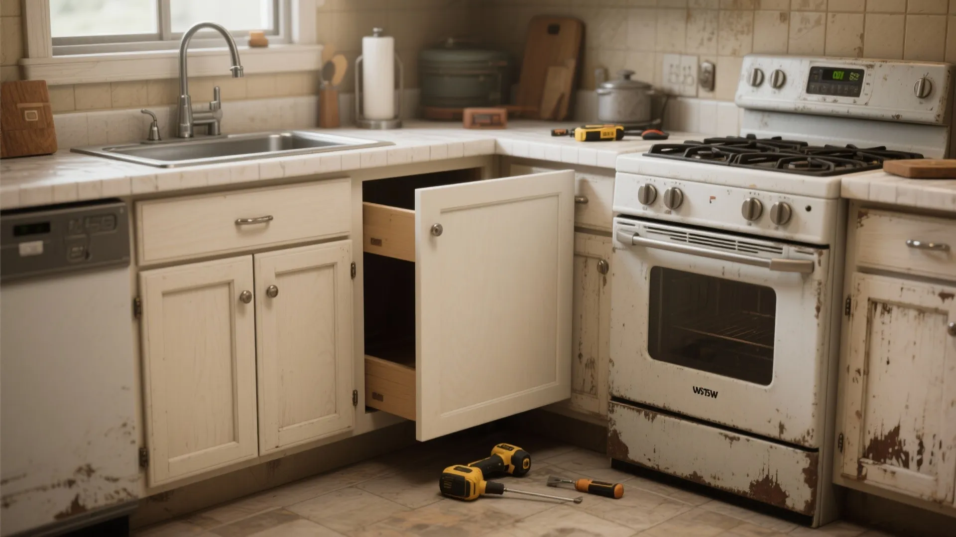New base cabinet replaced near stove contrasting with older surrounding cabinets