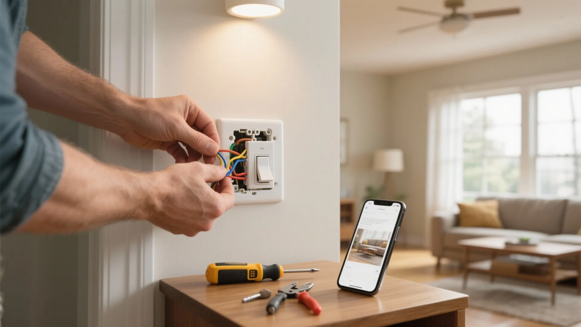 Person installing a white light switch on a wall while following a mobile phone guide
