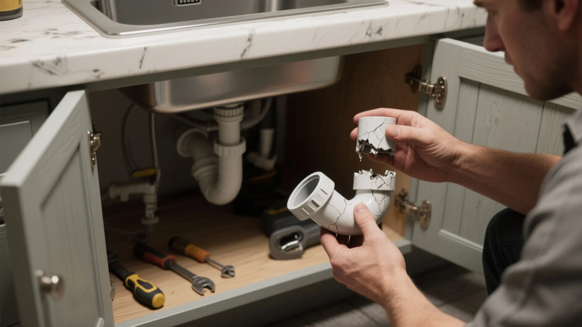 Person holding a broken white plastic pipe while repairing plumbing under a kitchen sink with tools