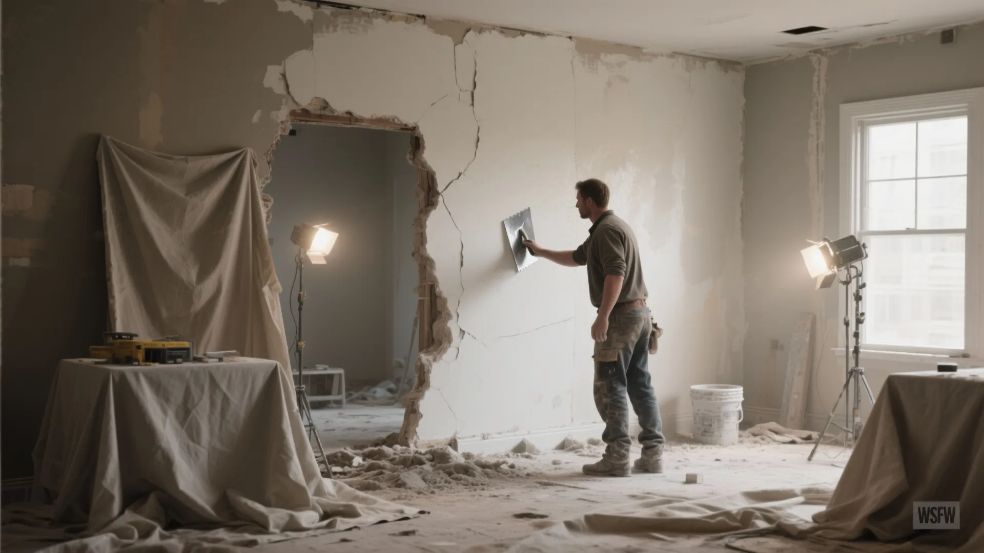Worker using a metal tool to smooth plaster on a broken wall during home renovation