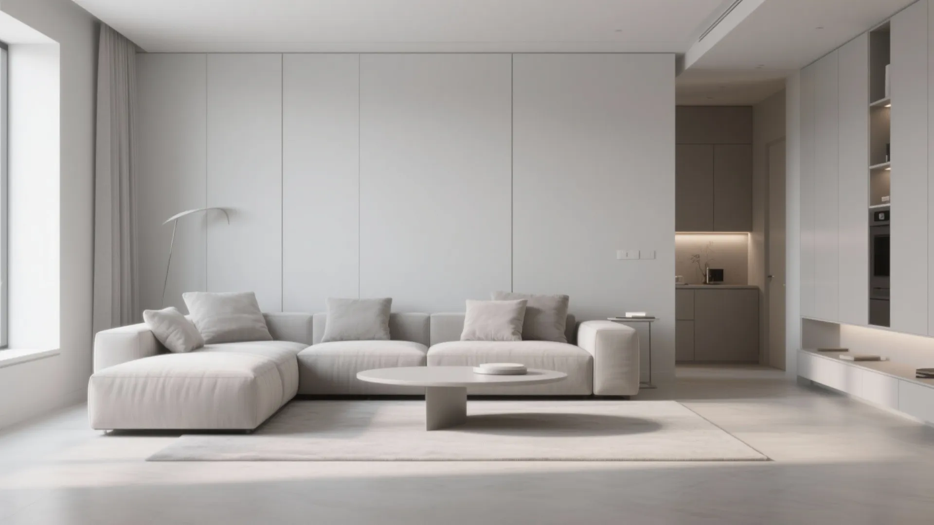 Minimalist modern living room with white wall panel grey sofa round coffee table and rug