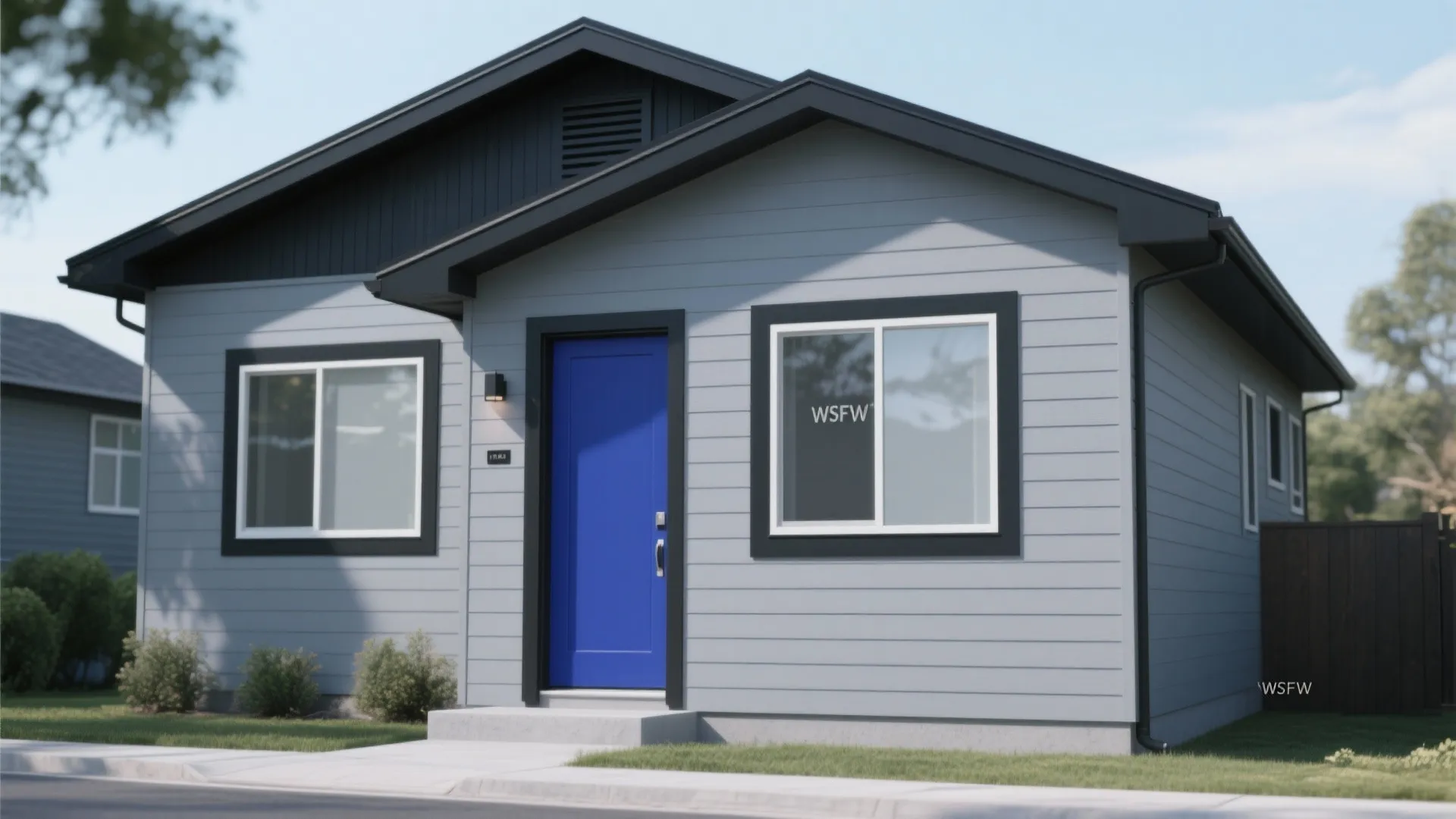 Modern grey house exterior with bright blue front door and black window frames on lawn