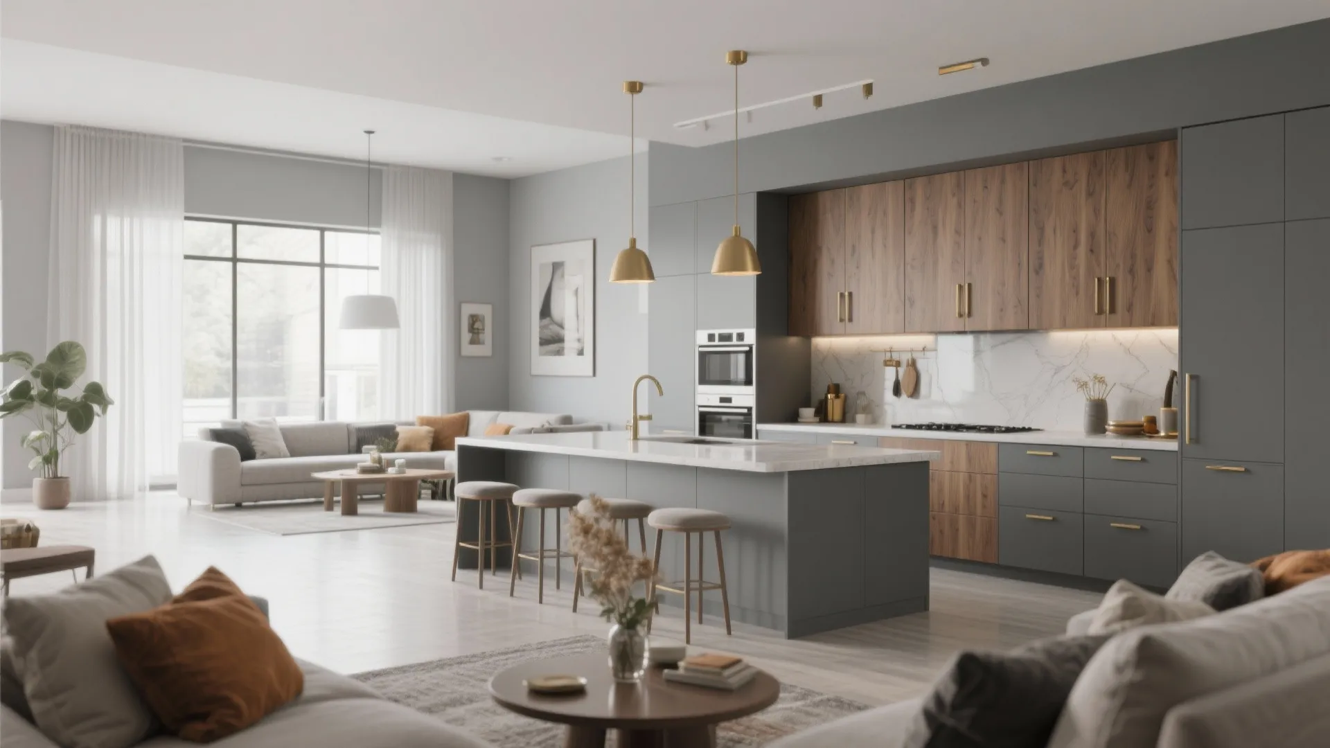 Modern open kitchen with grey cabinets, wooden details, large island, gold ceiling lights, and sofa