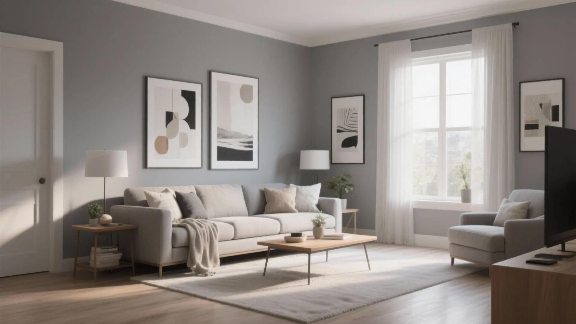 Modern grey living room with sofa wooden coffee table wall art window and wood floor