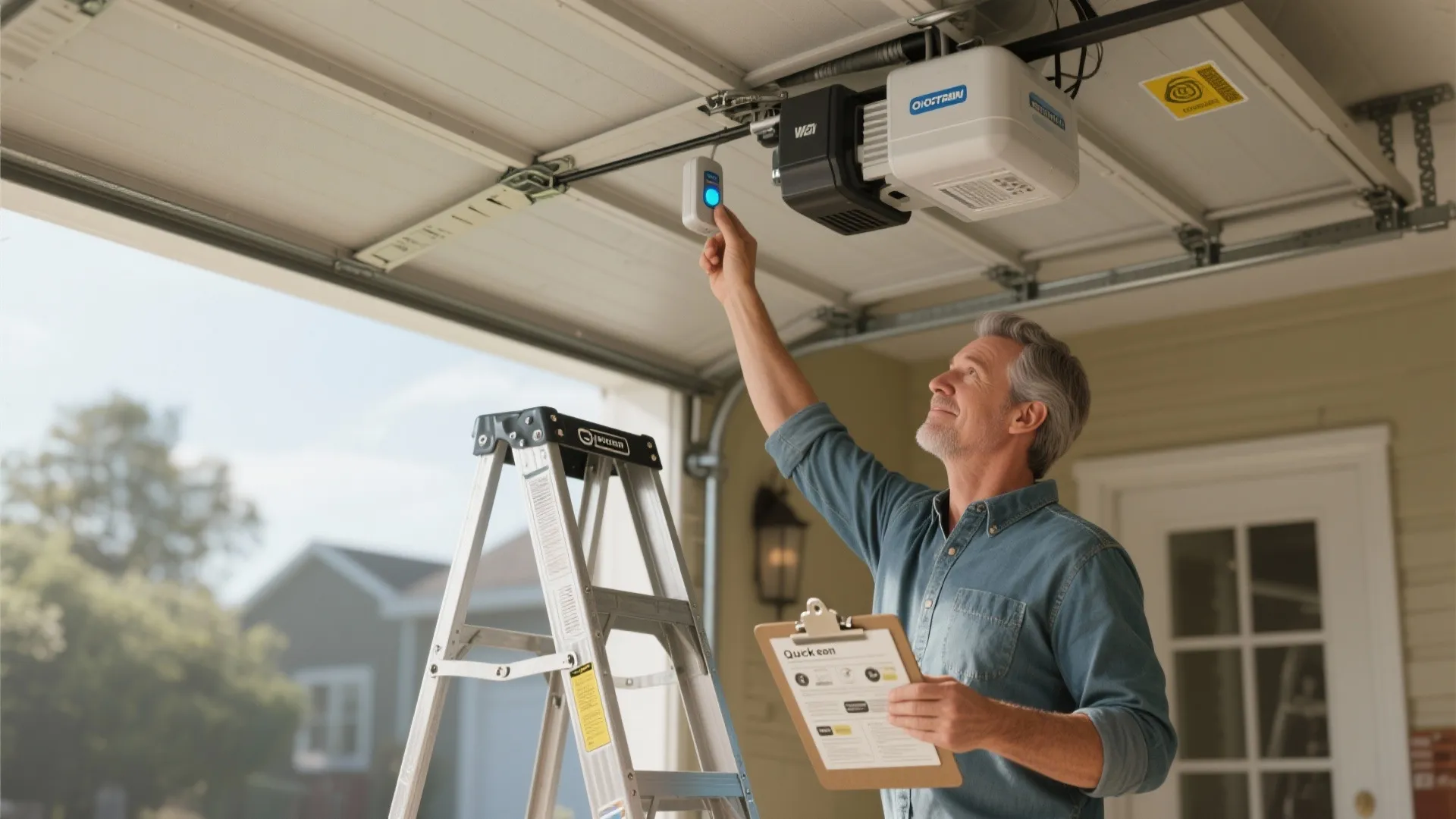 Man on a ladder reaching up to fix a white garage door opener motor unit