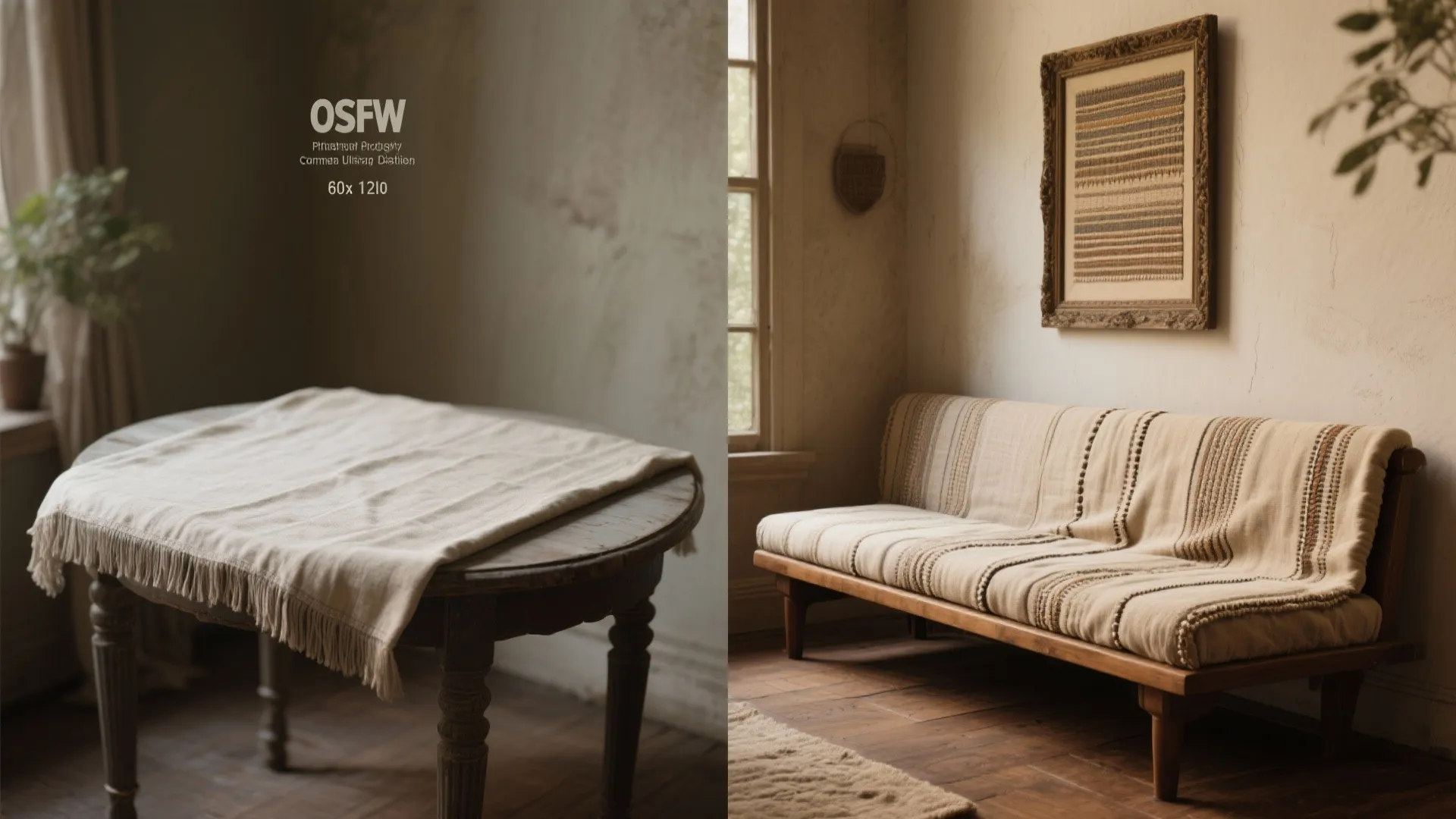 Before-and-after view of a wooden table covered with cloth and a sofa with patterned fabric