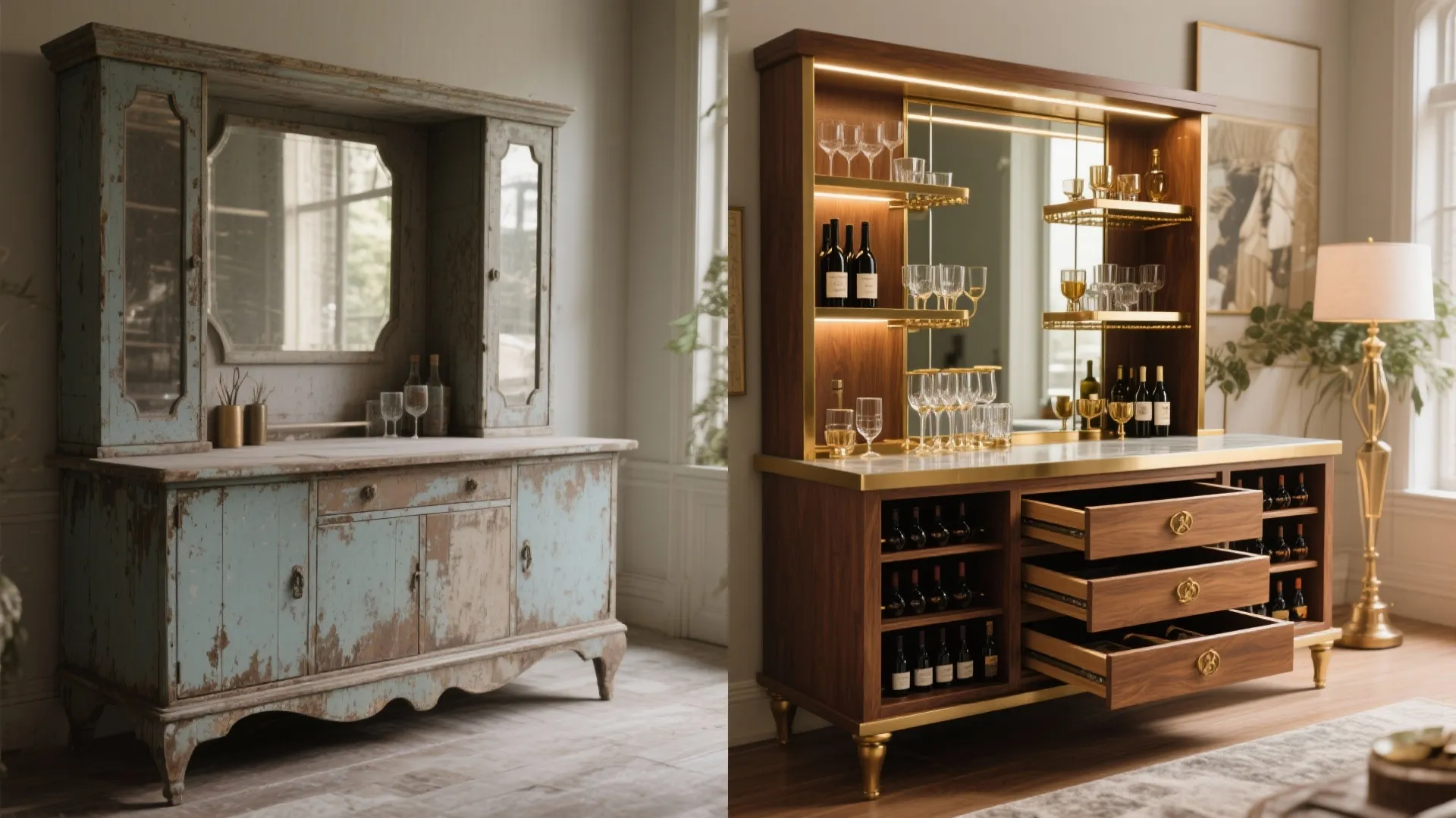 Before and after comparison of old blue cabinet transformed into a modern wooden bar cabinet