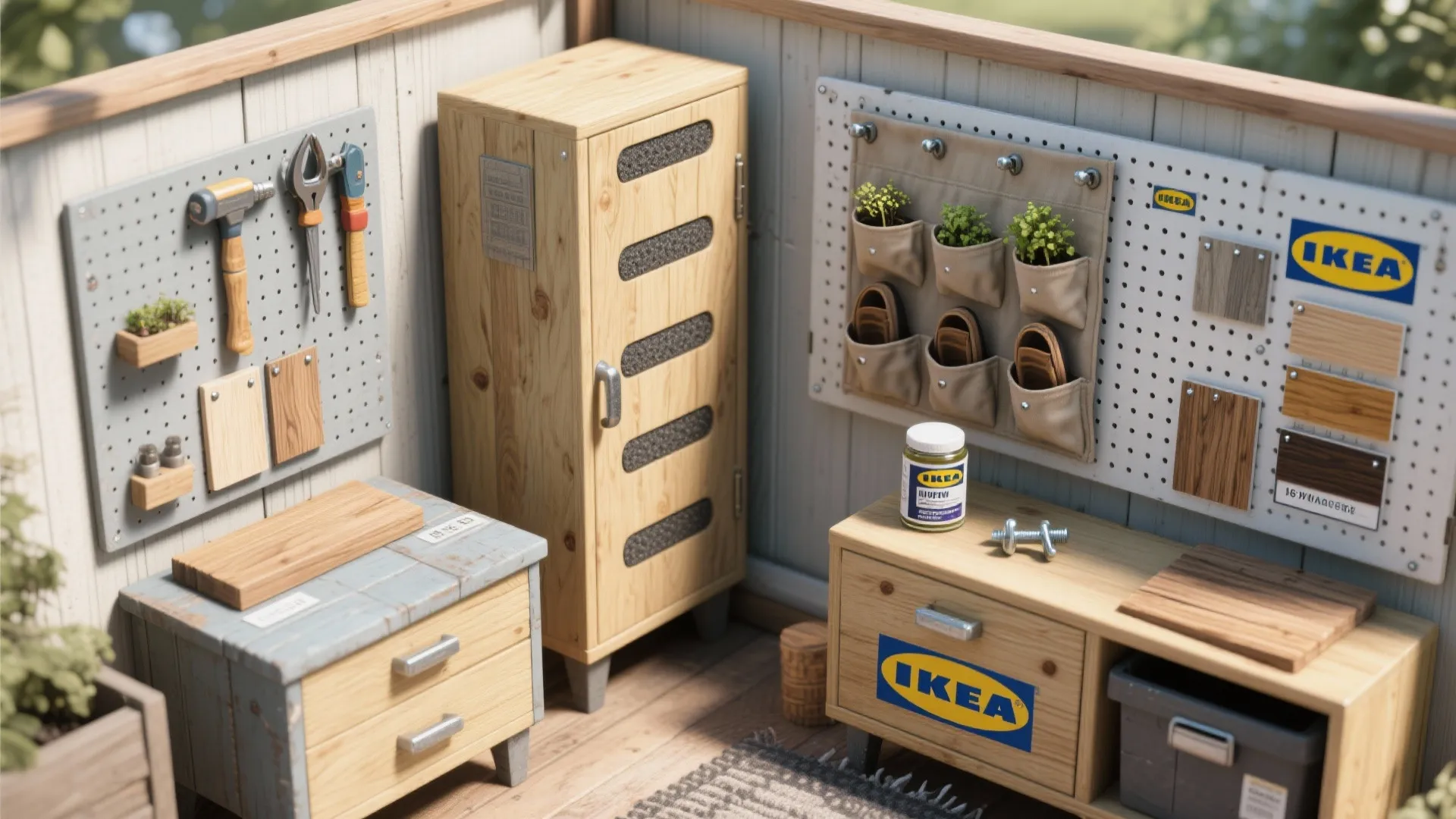 Balcony workshop area featuring wooden cabinet pegboards holding tools small plants and IKEA labeled furniture