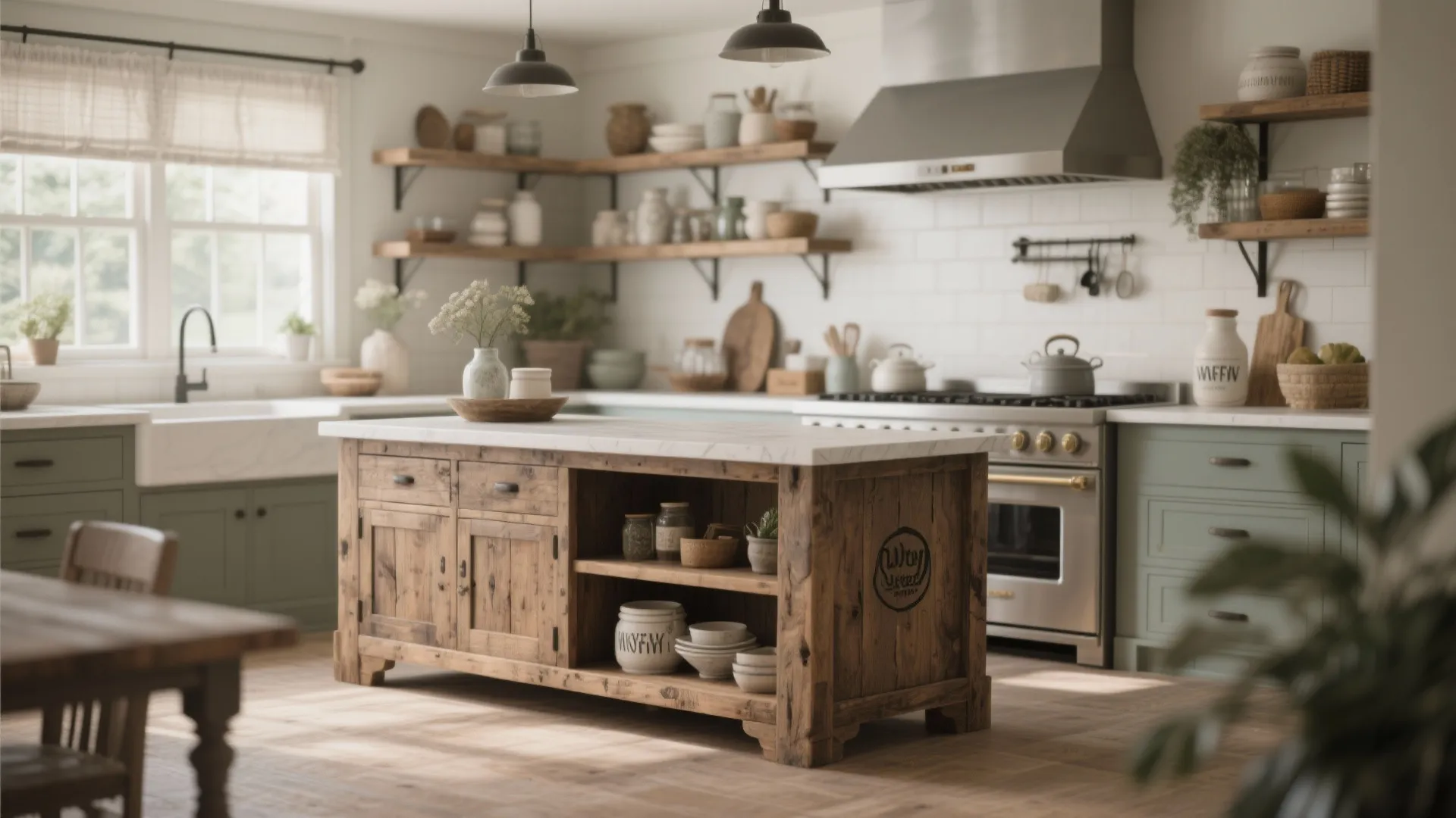 Rustic wooden kitchen island with marble countertop in green kitchen featuring open wood wall units